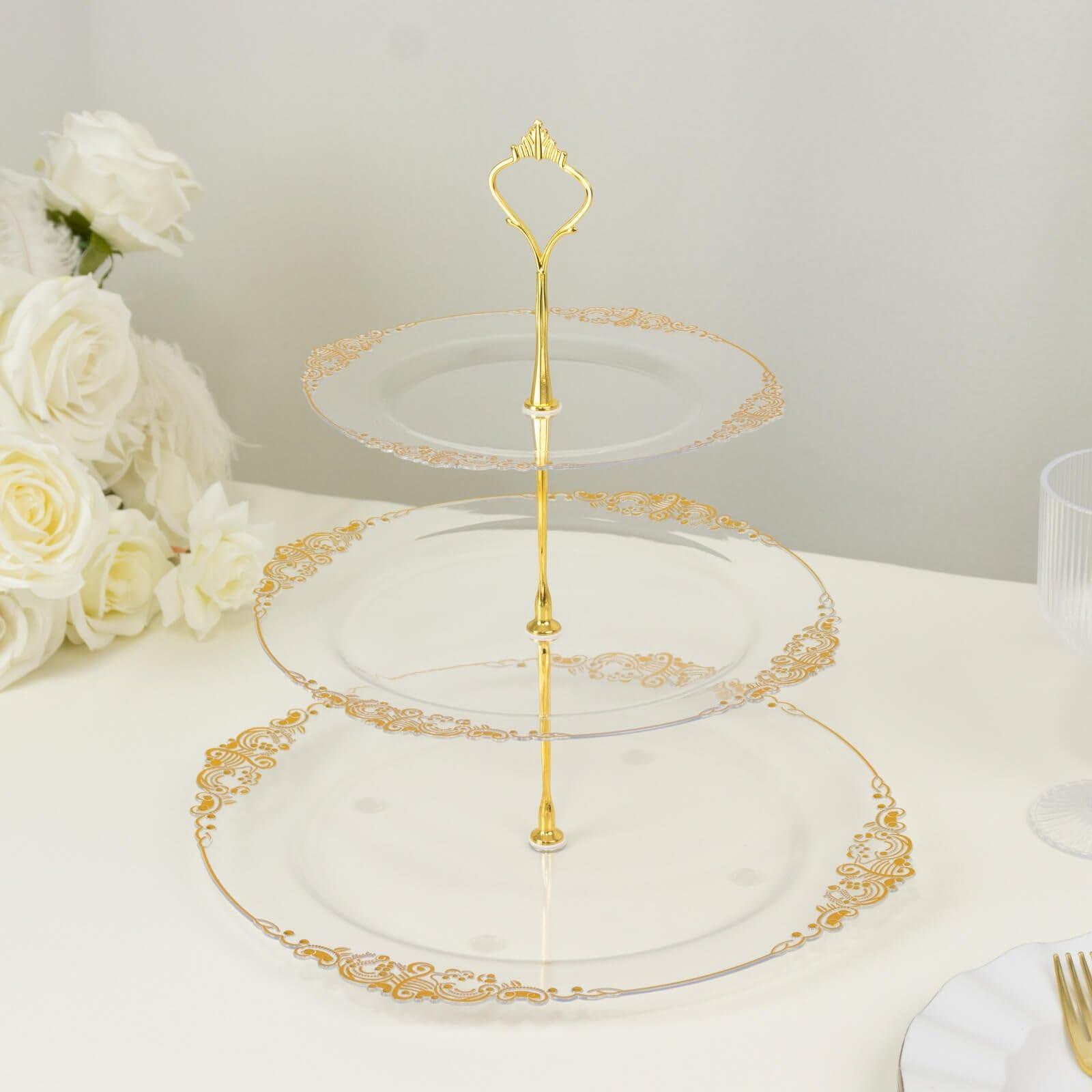 Efavormart 3-Tier Clear Plastic Cupcake Stand Holder with Gold Embossed Baroque Rim, Round Cake Dessert Display Stand Tiered Serving Tray with Top Handle - 13" - Image 4