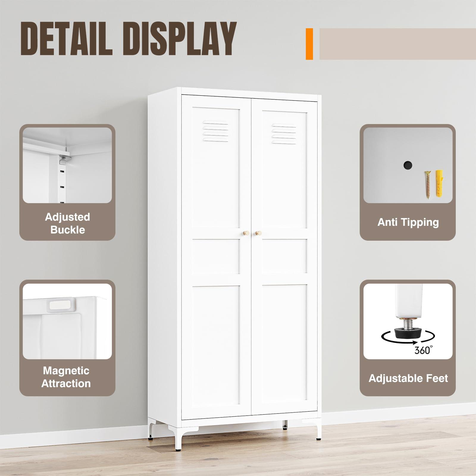 Yizosh Metal Storage Cabinet with 2 Doors and 4 Adjustable Shelves - 61" White Kitchen Pantry Storage 5-Tier Tall Steel Cabinets Locker for Kitchen, Living Room, Dining Room - Image 4