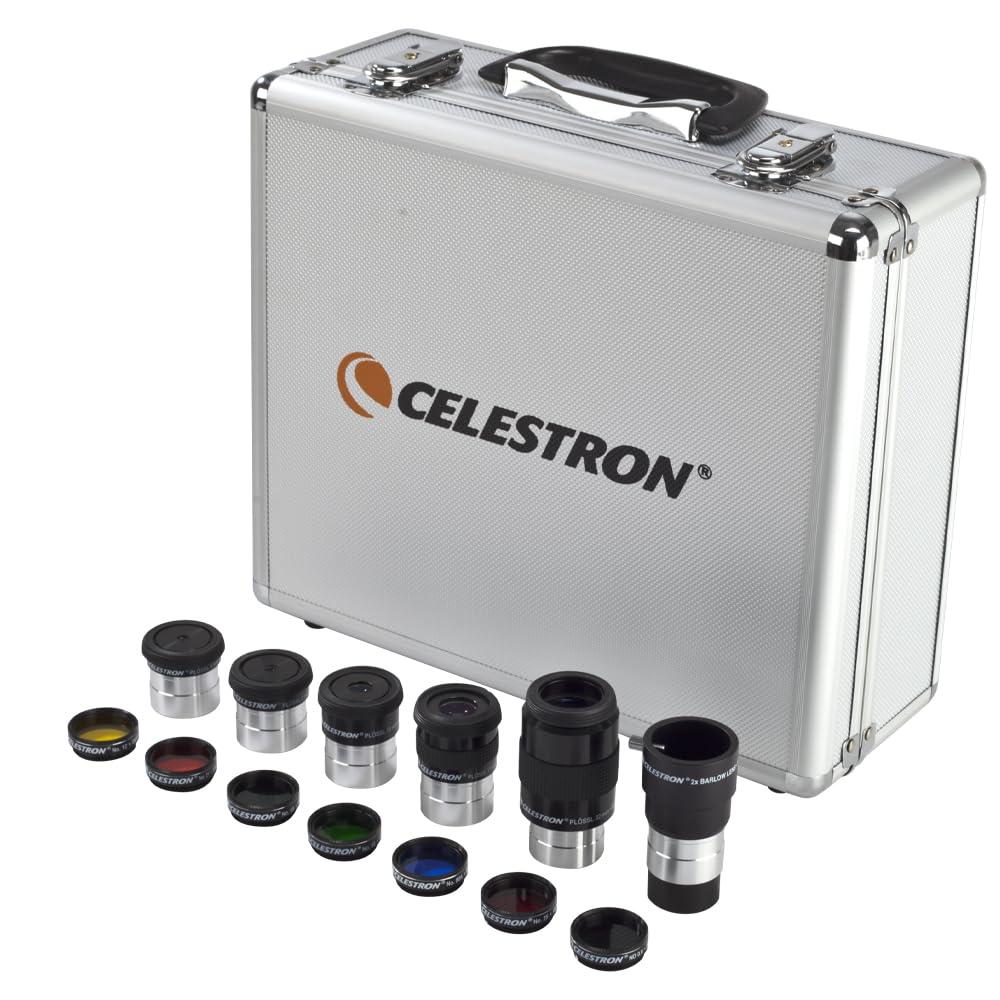 Celestron 94303 1.25 inch Eyepiece & Filter Kit - Includes 14 Pieces in Metal Foam-Lined Carry Case, Silver