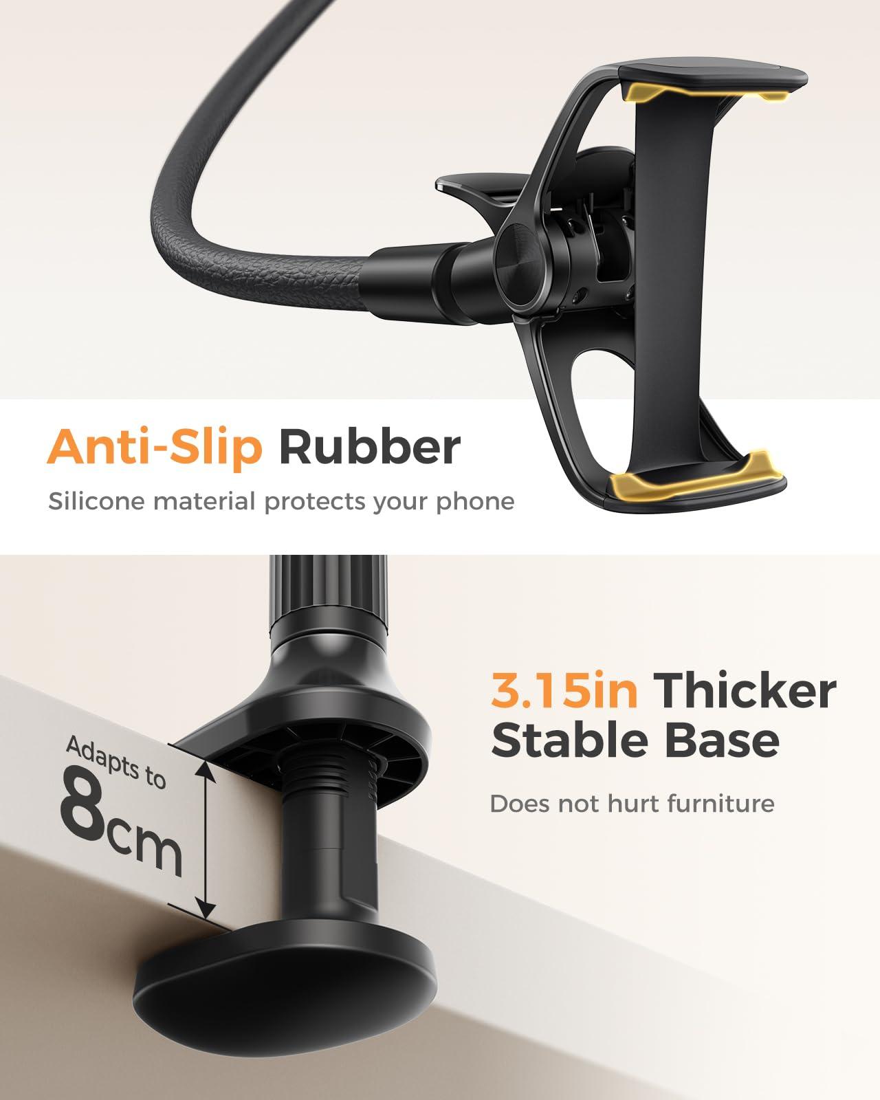 SAIJI Gooseneck Phone Holder for Bed Overall Length 38.6” Flexible Leather Wrapped Arm Overhead Cell Phone Mount Stand with 360° Adjustable Clamp Clip, Compatible with All 4-7” Cellphones (Black) - Image 4