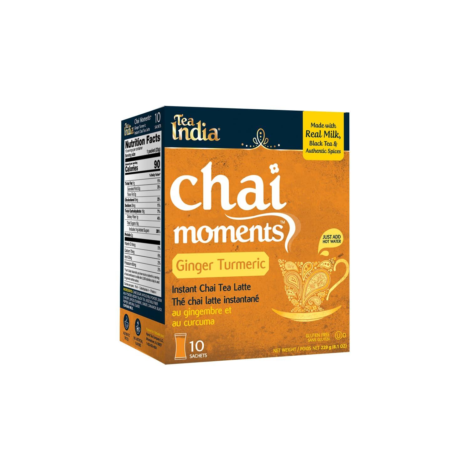 Tea India Chai Moments Ginger Turmeric Chai Tea Instant Latte Mix Flavorful Blend Of Premium Black Tea, Cardamom & Natural Ingredients Traditional Indian Tea Individually wrapped 10 Sachets
