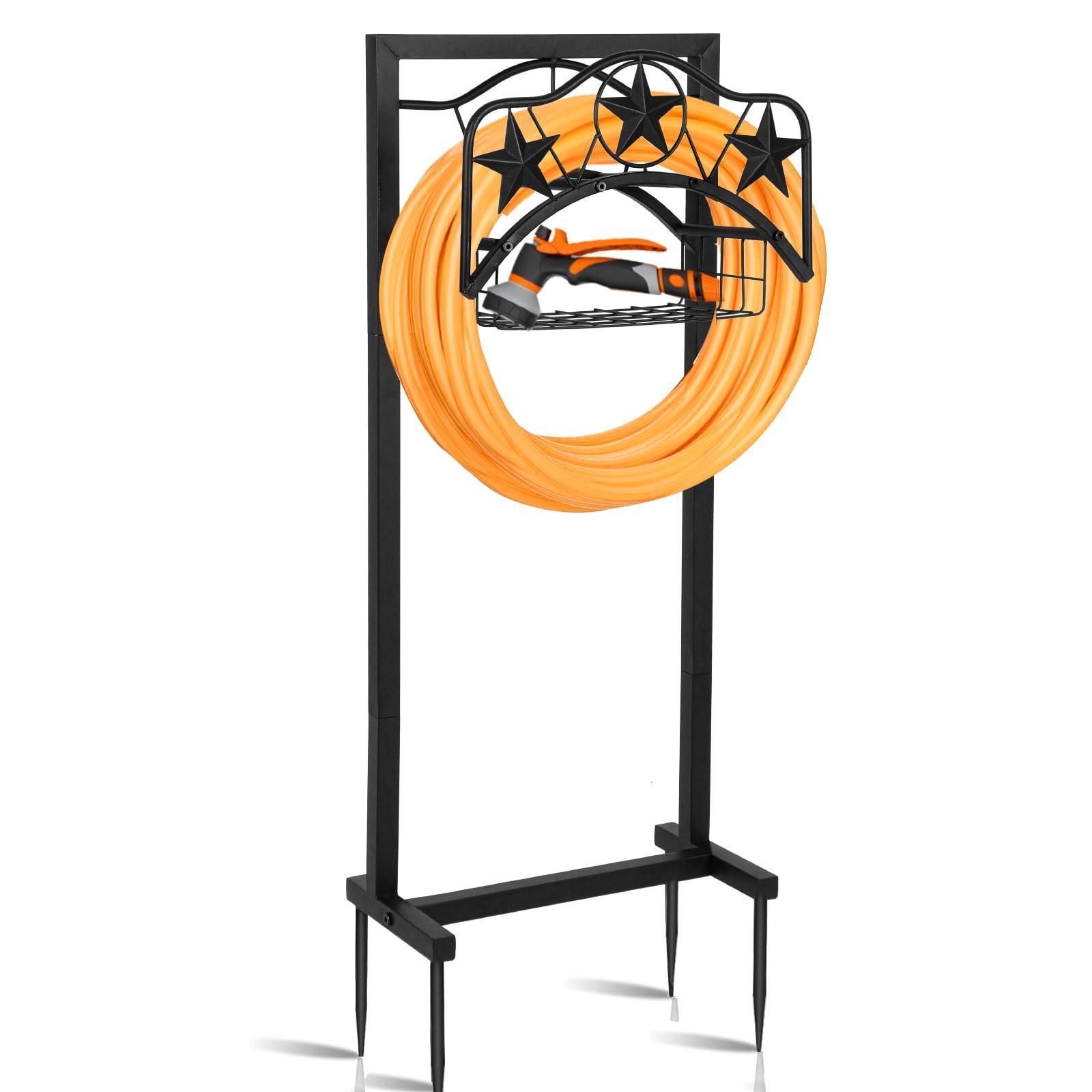CLIBFENG Garden Hose Holder for Outside, Upgraded Freestanding Water Hose Holder with 4 Spikes, Heavy Duty rustproof Metal Garden Hose Cart for Outside, Black