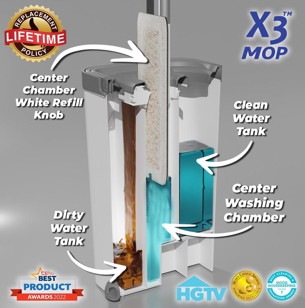 X3 Mop, Separates Dirty and Clean Water, 3-Chamber Design, Flat Mop and Bucket Set, Hands Free Home Floor Cleaning, 3 Reusable Microfiber Mop Pads Included - Image 4