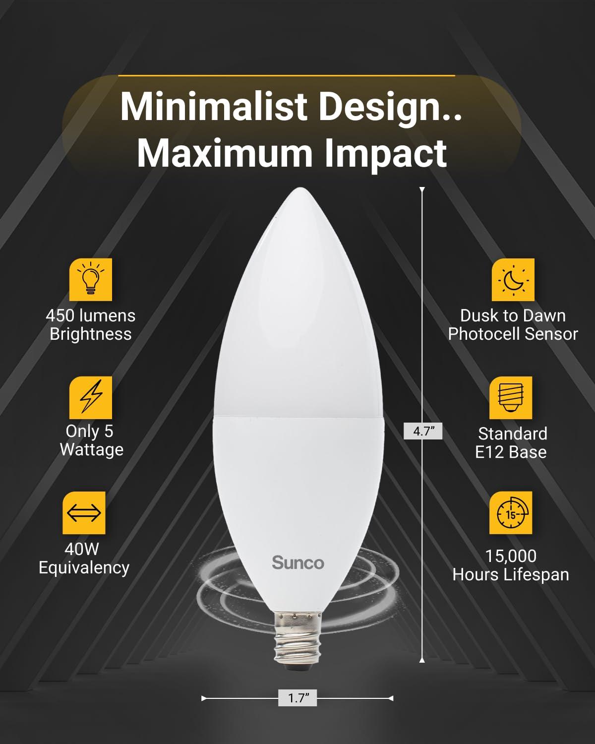 Sunco Dusk to Dawn Light Bulbs Outdoor Light Sensing B11 LED Candelabra Bulb Photocell Sensor, 5W=40W, 3000K Warm White, 450 LM E12 Base, Frosted, Decorative Light for Sconces - UL 6 Pack - Image 3