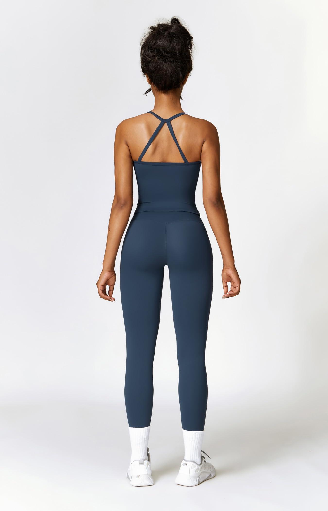QBGJTD Womens Workout Sets Two Piece Cross Back Tank Top Matching High Waist Leggings Sets Gym Outfits Work Out Clothes - Image 5