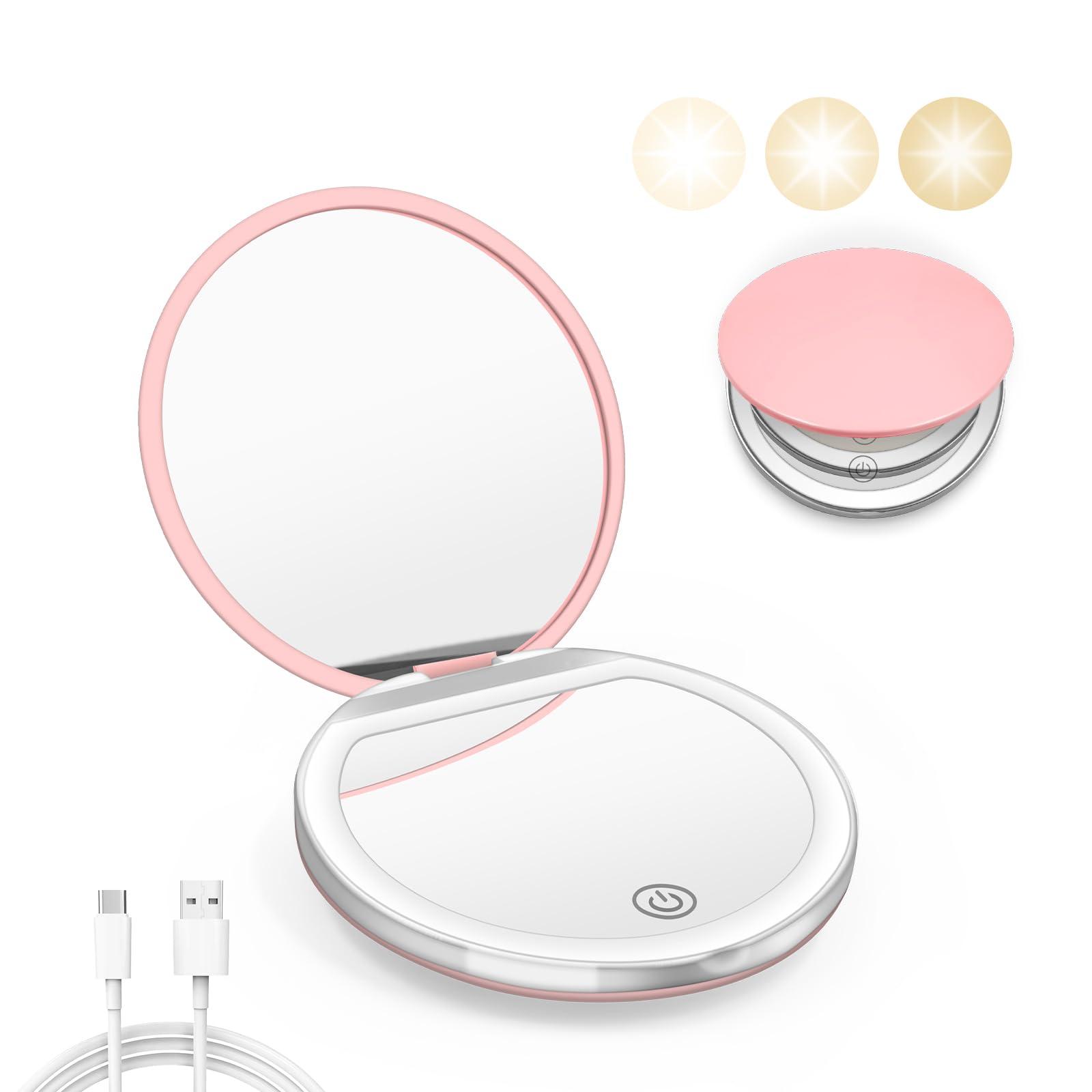 Kakuje Compact Mirror with Light, 1X/3X Magnification LED Pocket Mirror with USB Data Cable,Mini Mirror for Purse, Pocket,Travel and Present (Pink)
