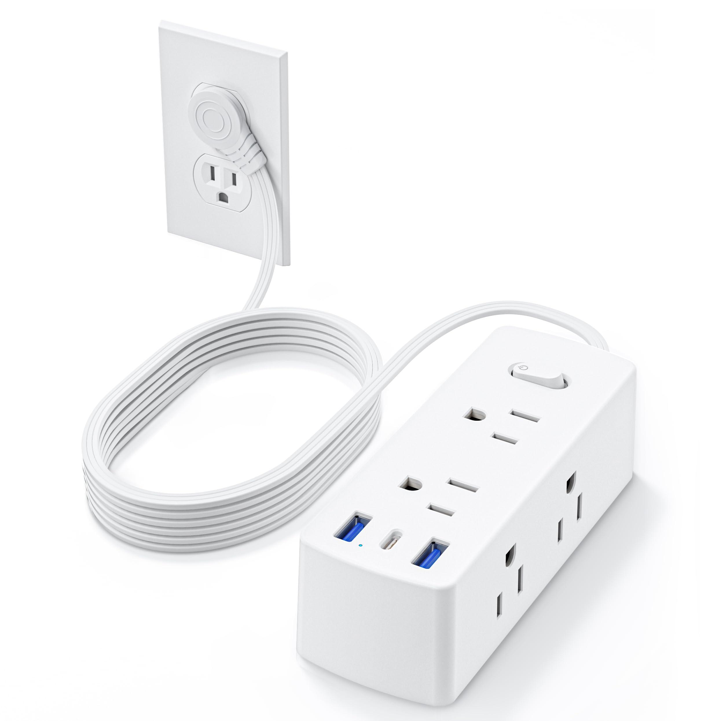 Flat Plug Power Strip, Olcorife Flat Extension Cord 5ft, 6 Outlets 3 USB Ports(1 USB C), 3-Side Outlet Extender Surge Protector for Home Office Travel Dorm Room Essentials, White