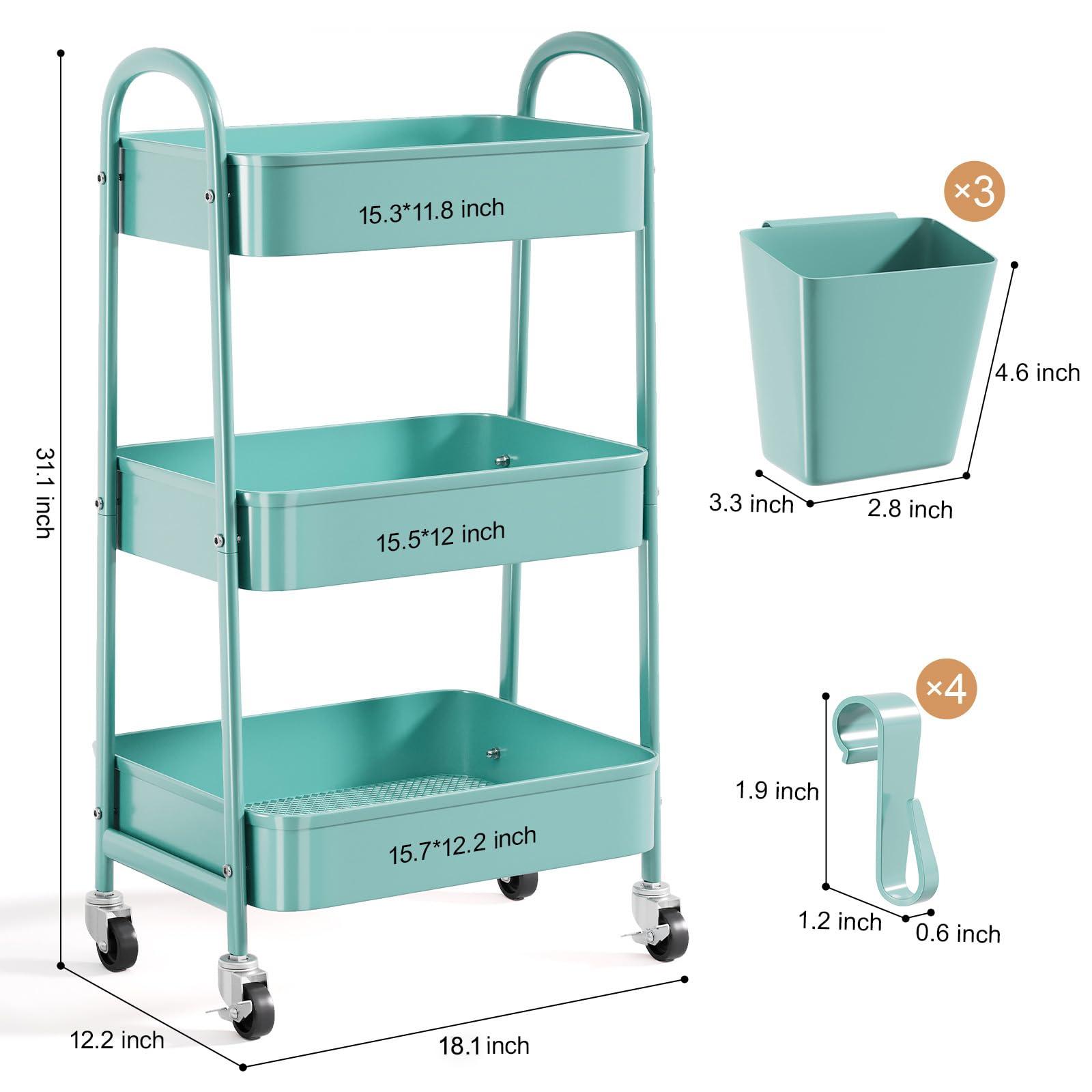 3 Tier Green Metal Rolling Cart with Lockable Wheels and Handle, 3 Tiered Utility Storage Organizer Carts for Teachers, Arts, Craft, Snack, Book, Bedside, Nursery, Cleaning Supplies, Easy Assembly - Image 3
