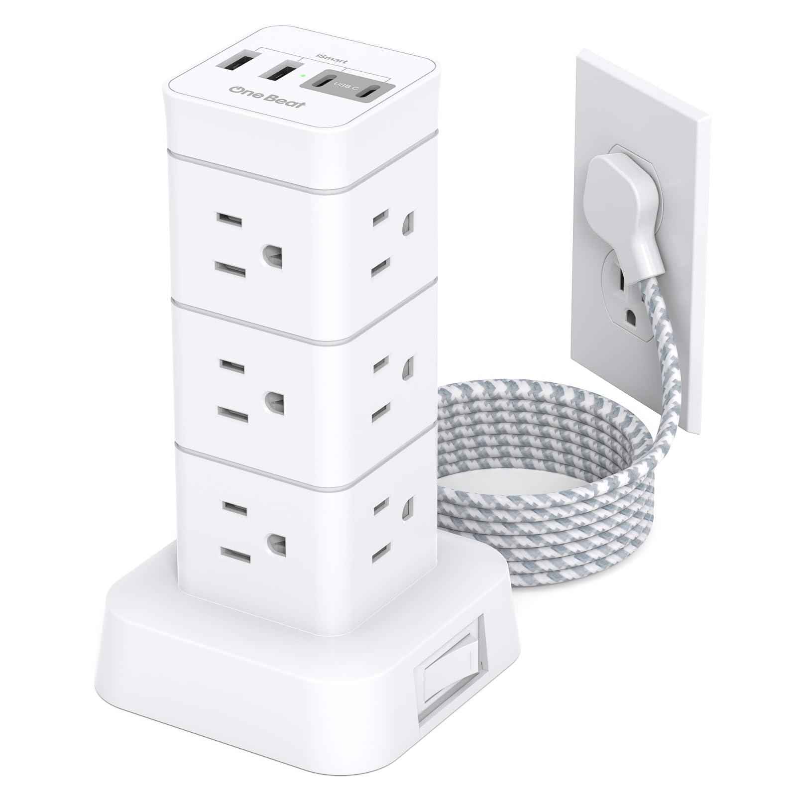 Surge Protector Power Strip Tower, 12 Outlets 4 USB (2 USB C), 6Ft Flat Plug Extension Cord with Multiple Outlets, Desktop Charging Station for Multiple Devices, Office Desk College Dorm Essentials