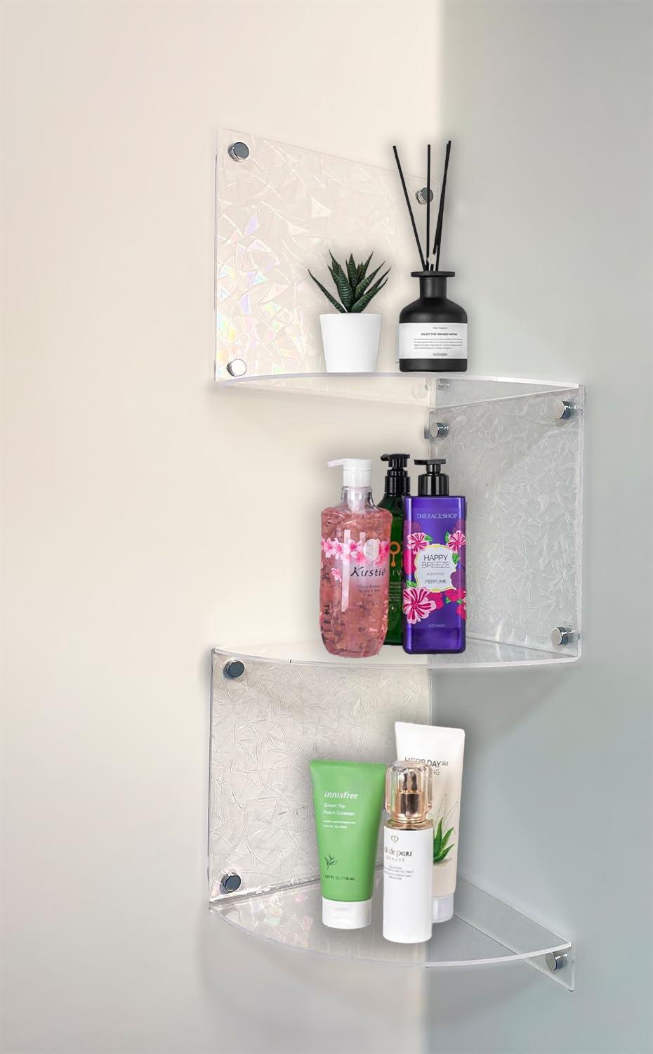 3 Tier Shelf Wall Mount Floating Acrylic Corner Shelves Easy to Assemble Corner Bookshelf, Plant Shelf Wall Organizer Storage for Bedroom, Bathroom, Kitchen, Office, Living Room(Clear) - Image 4