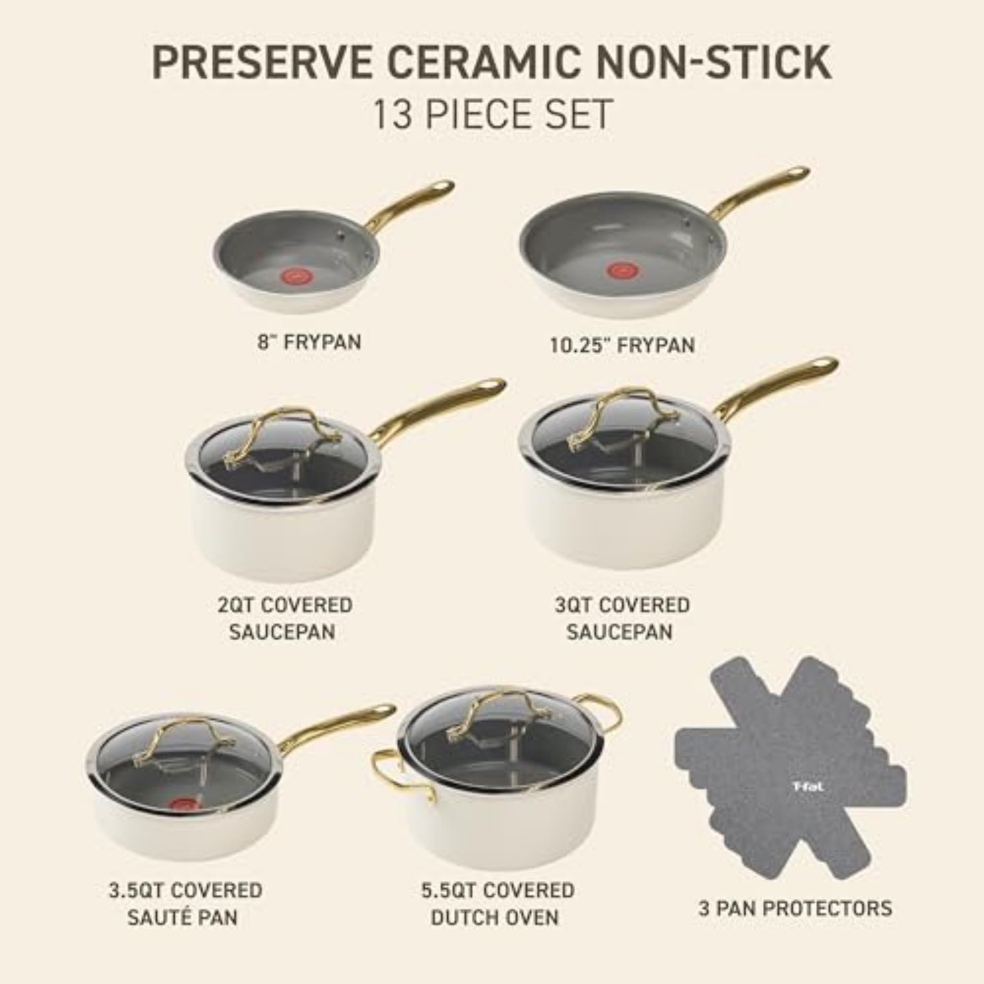 T-fal Preserve Ceramic, Non stick Cookware Set 13-Piece, Made without PFOA and PTFE, Oven & Broiler Safe up to 350°F, Includes Stockpot, Saucepans, Frying Pans, Protectors, Pots and Pans, Beige - Image 2