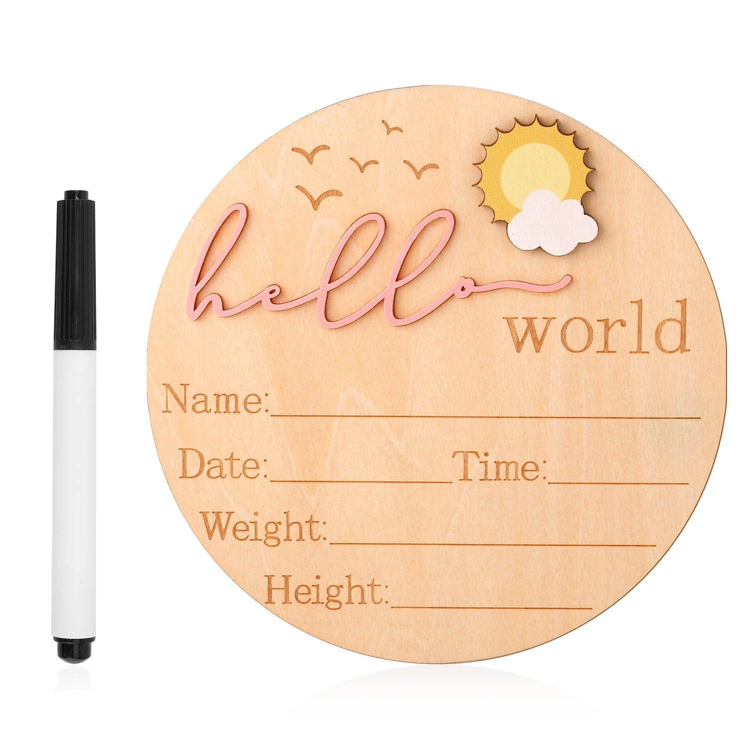 Baby Announcement Sign, 5.83 Inch Wooden Hello World Newborn Sign Cute Welcome Birth Name Plaques Board for Girl Boy Baby Shower Hospital Nursery Photo Prop (Pink)