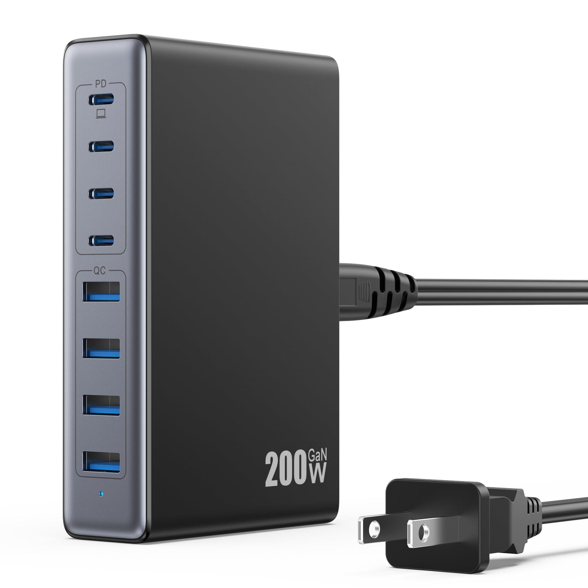 200W USB C Charger Block,GaN IV Charging Station 8 Ports,QC4.0 Fast Charging Station Hub+PD 65W USB C Laptop Charger Adapter Compatible with MacBook Air/Pro,DELL,iPhone 16/15,iPad,Steam Deck-Black