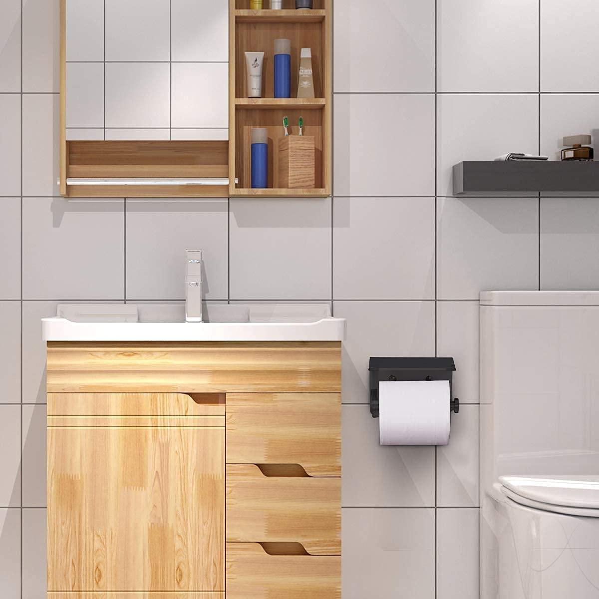 VAEHOLD Self Adhesive Toilet Paper Holder with Phone Shelf Stainless Steel Wall Mounted Toilet Paper Roll Holder - Rustproof and Bathroom Washroom Tissue Roll Holder with Shelf - Black - Image 6
