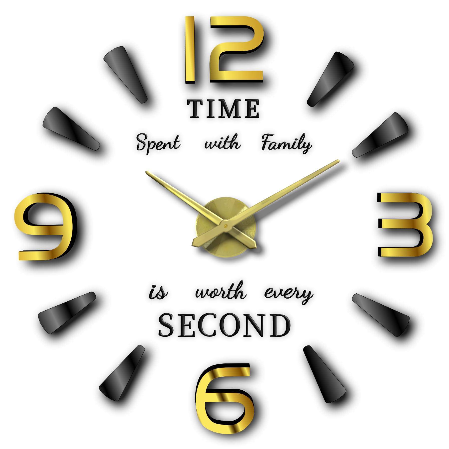 Larsa Home, Frameless 3D Analog DIY Wall Clock Adjustable Size Large Modern Sticker Numbers with Dashes Mirror Finish for Home, living room, Bedroom, Office Decoration (Gold, Black), ZH03410