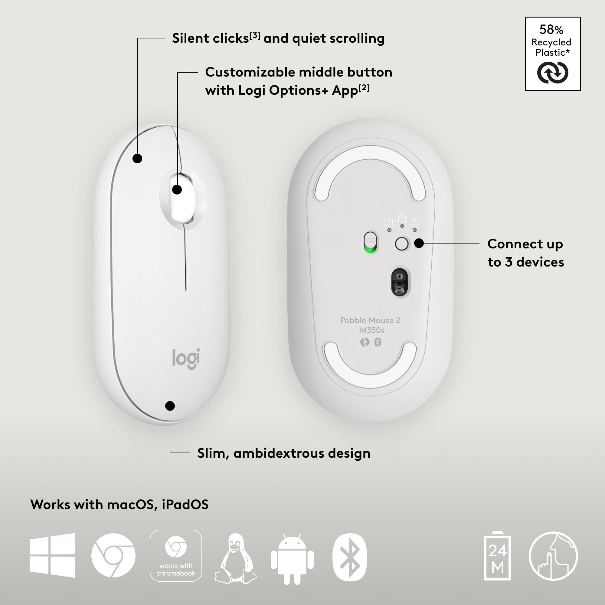Logitech Pebble Mouse 2 M350s Slim Bluetooth Wireless Mouse, Portable, Lightweight, Customizable Button, Quiet Clicks, Easy-Switch for Windows, macOS, iPadOS, Android, Chrome OS - Tonal White - Image 6