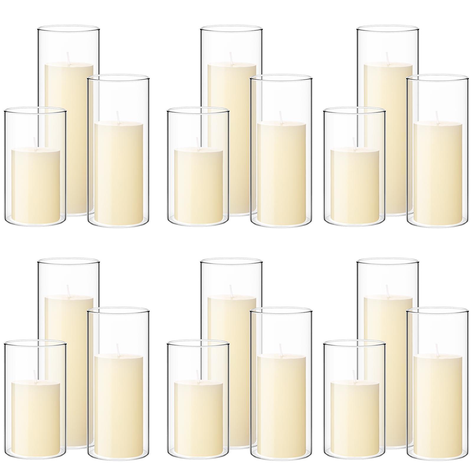 Shihanee 36 Pcs Pillar Candles and Glass Cylinder Vases Tall Cylinder Holders for Pillar Candles Wedding Centerpieces, Total 18 Sets(2.6'' X 4.7'', 5.9'', 7.9'',Clear,Ivory White)