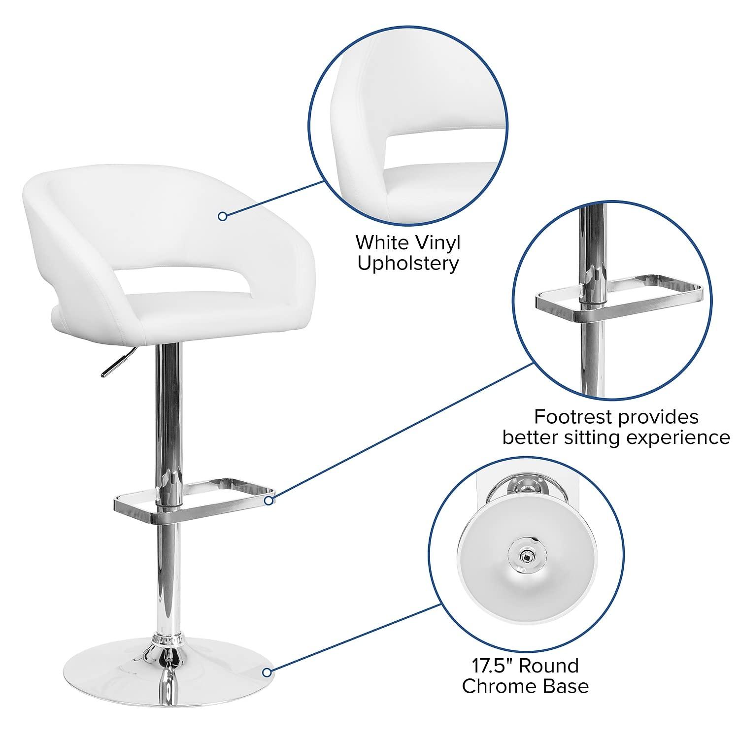 Flash Furniture Erik Contemporary Adjustable Height Barstool with Footrest and Rounded Mid-Back, Upholstered Bar or Counter Height Stool, White/Chrome - Image 5