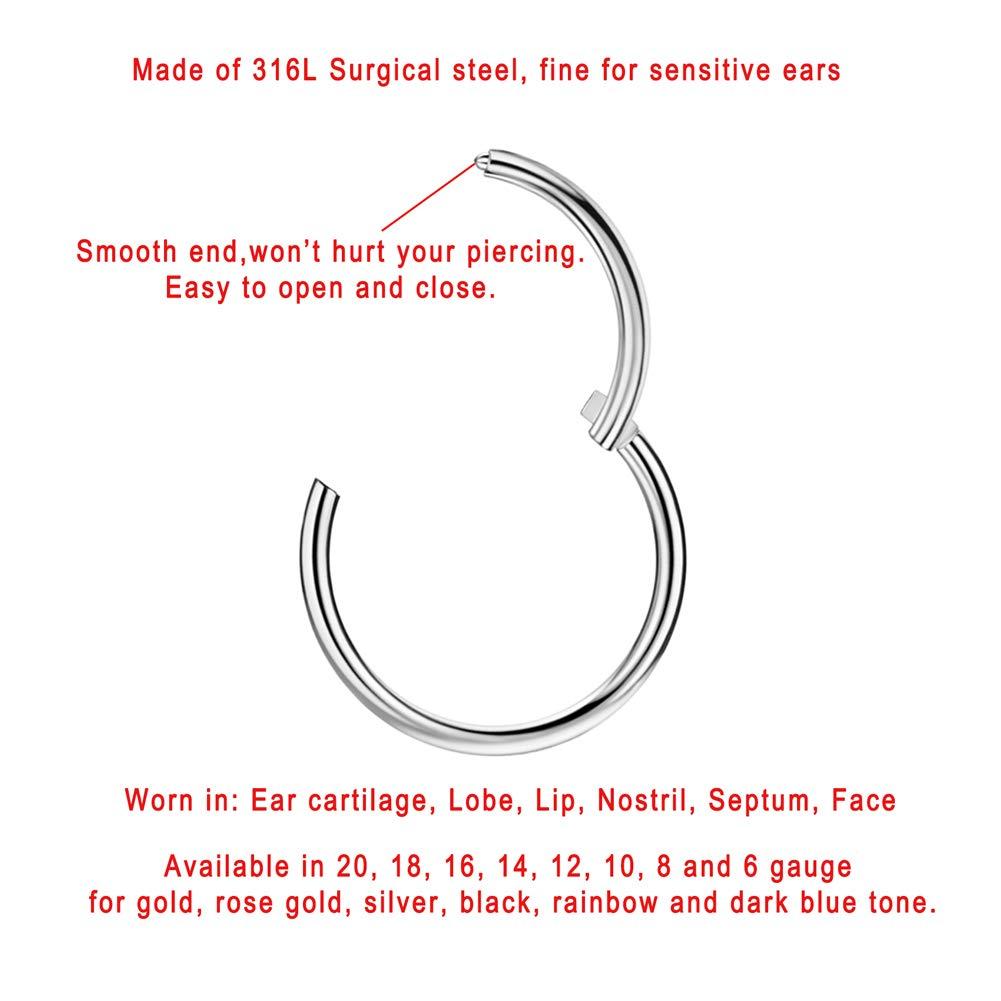FANSING Men Women 316L Surgical Steel Hinged Nose Rings Hoop for Nostril Septum Cartilage Helix Daith Tragus Rook Conch Lip Ear Lobe Piercings - Image 2