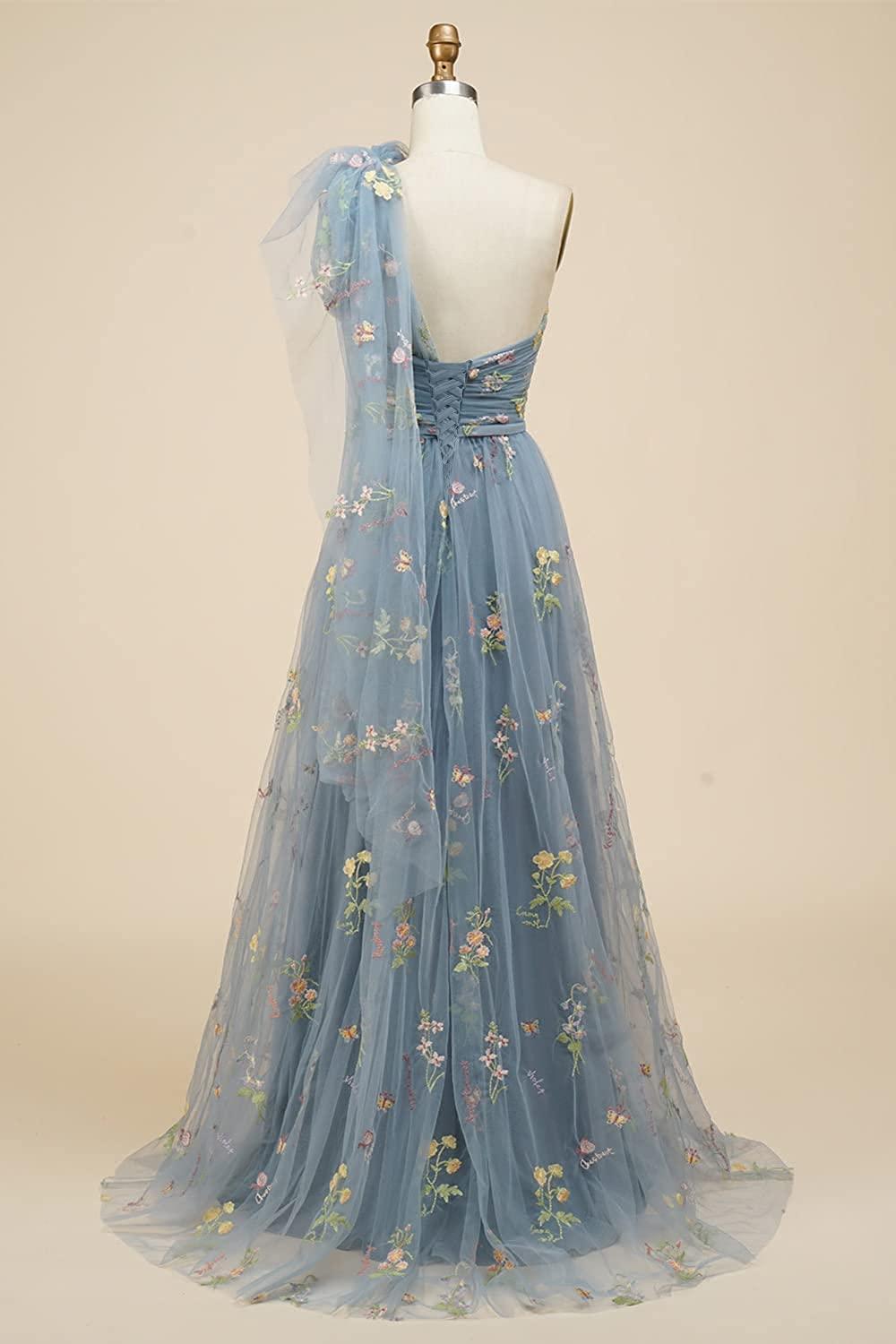 Floral Embroidery Prom Dresses with Pleats Long One Shoulder Spring Tulle Formal Party Dress for Women - Image 2