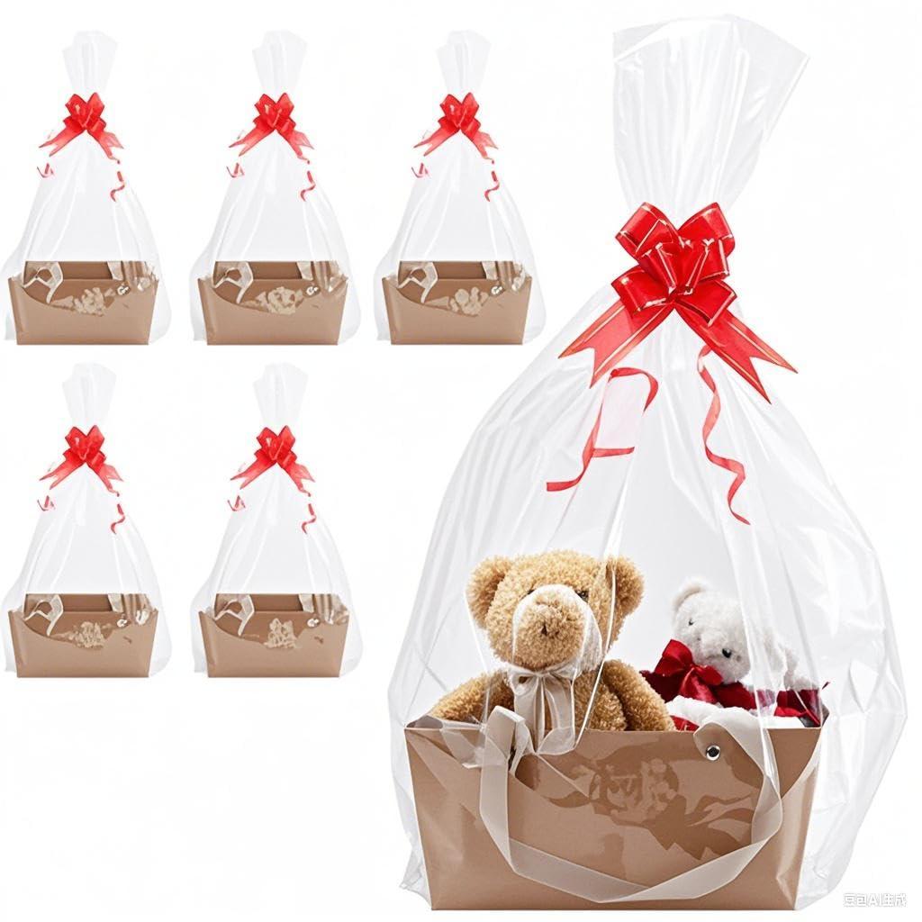 5 Pcs Brown Basket for Gifts Empty DIY Bulk Party Gift Basket Kit with Handles with 5 Bag 5 Bow Market Tray for Gift Packages Wrapping Anniversary Birthday Wedding Party Gift(9.8 x 6.7 x 4.3 In)