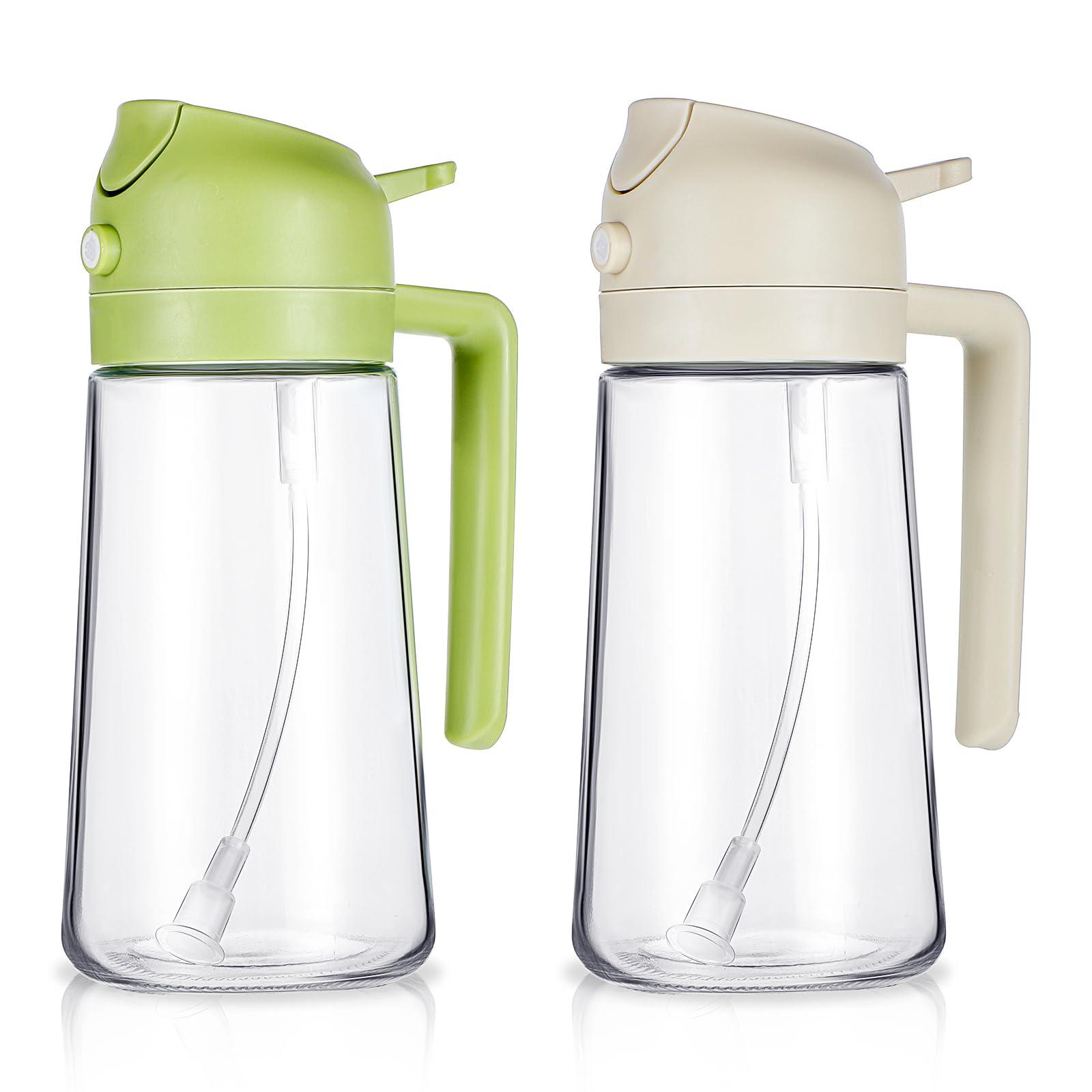 Lemecima 2 in 1 Glass Oil Sprayer Dispenser Large Olive Oil Dispenser Bottle for Kitchen, Food-grade Oil Mister Spray Bottle for Cooking, Air Fryer, Frying, BBQ (2 Colors, 16.5 Oz), Beige,Green