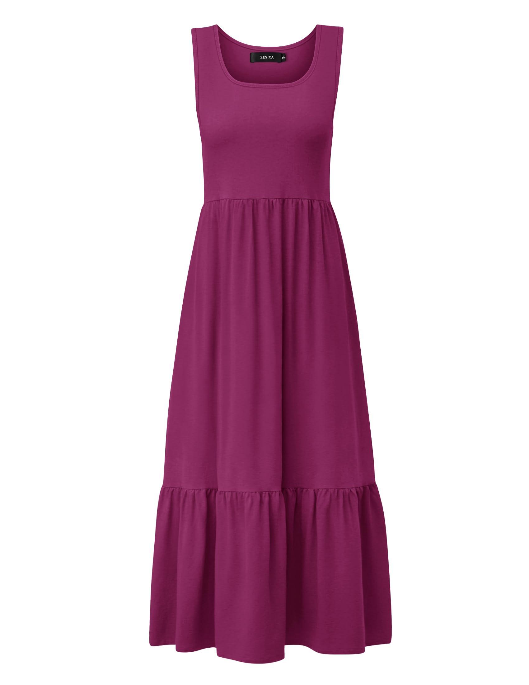ZESICA Women's 2025 Summer Sleeveless Dress Square Neck Pleated Swing Casual Maxi Dresses with Pockets - Image 6