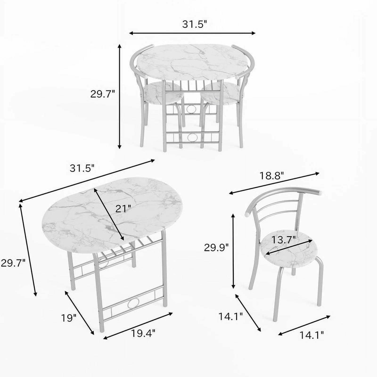 Shahoo 3-Piece Wooden Dining Table Set, Kitchen Breakfast Nook Sets with 2 Chairs & Round Tabletop, Space Saving Furniture Metal Frame and Built-in Wine Rack, Marble White - Image 2