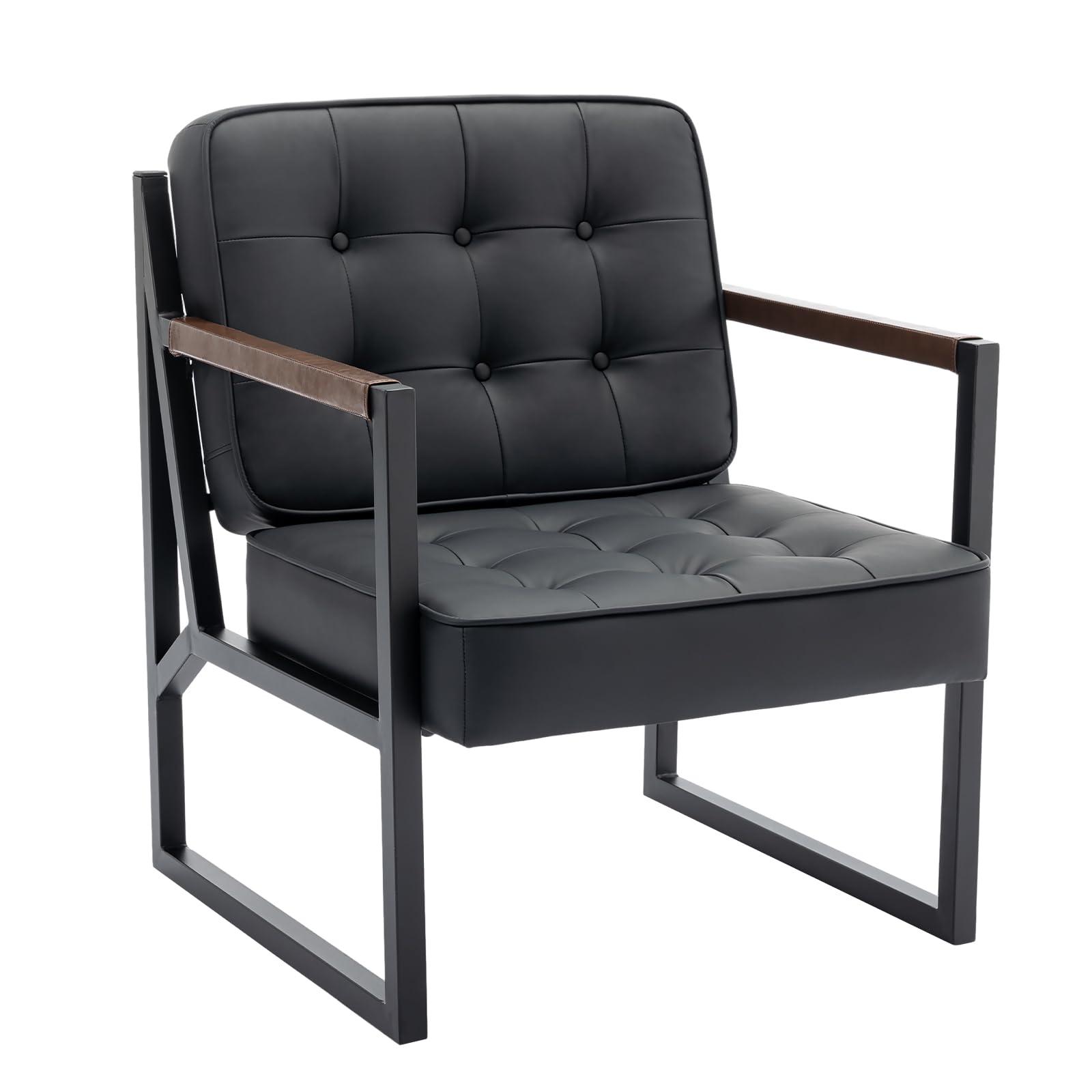COLAMY Mid Century Modern Accent Chair Set of 2, Comfy Living Room Chair, Black Leather Accent Chair, Faux Leather Reception Armchair with Metal Legs for Living Room Bedroom Reception Office, Black - Image 3