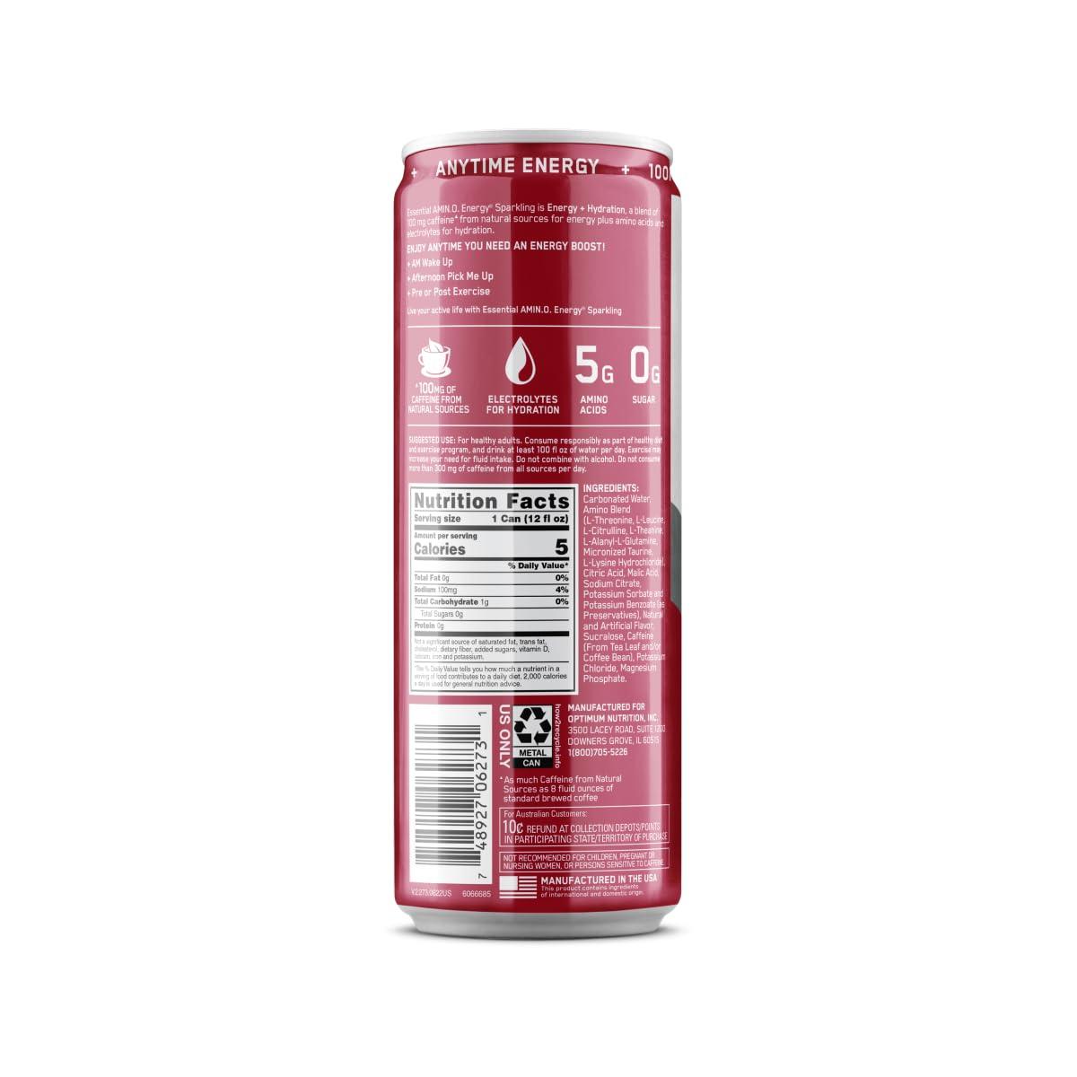 Optimum Nutrition Amino Energy Sparkling Hydration Drink, Electrolytes, Caffeine, Amino Acids, BCAAs, Sugar Free, Juicy Cherry, 12 Fl Oz, 12 Pack (Packaging May Vary) - Image 10
