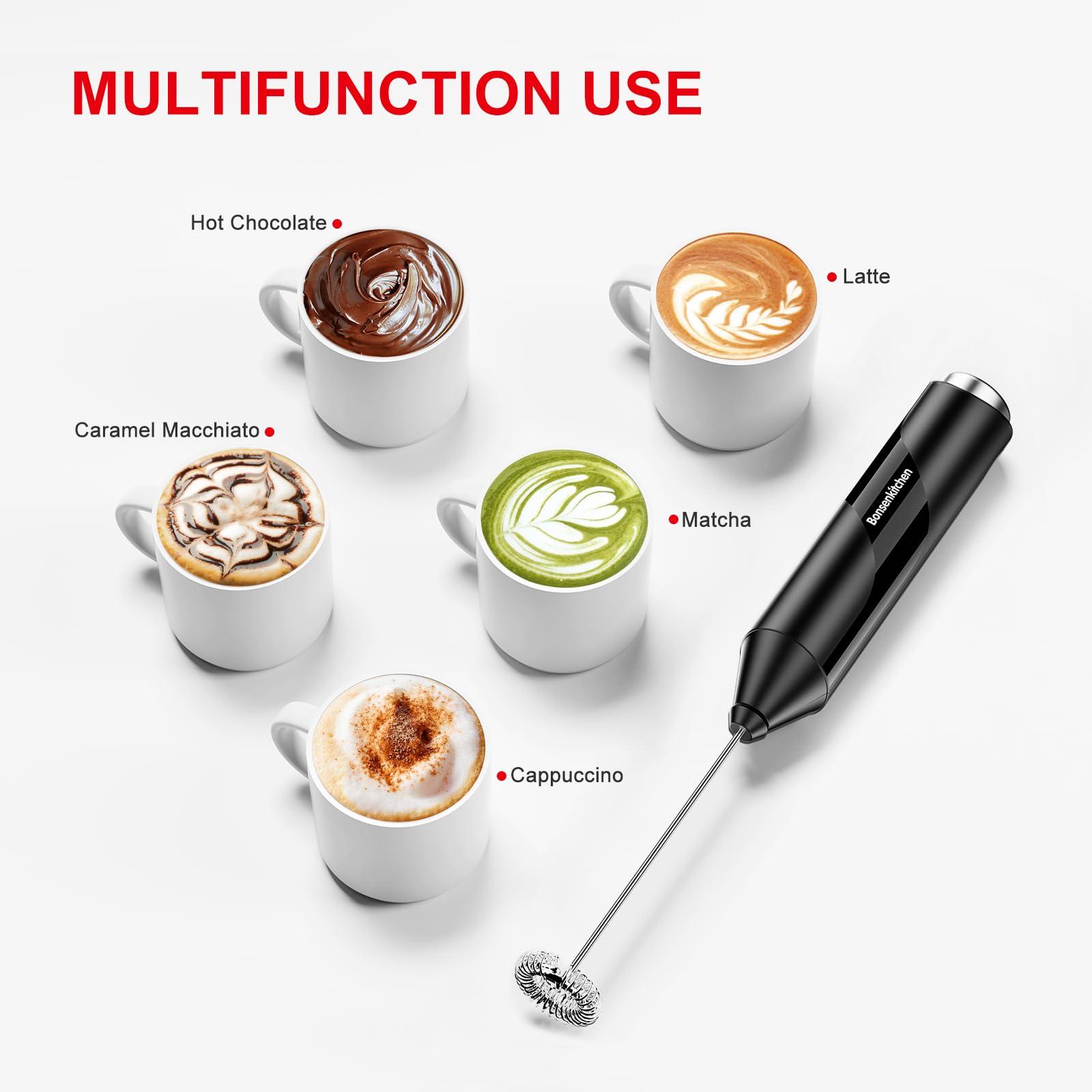 Bonsenkitchen Powerful Milk Frother for Coffee, Fast Handheld Drink Mixer with Stainless Steel Whisk, Battery Operated Hand Frother Stirrer Wand-Black - Image 5