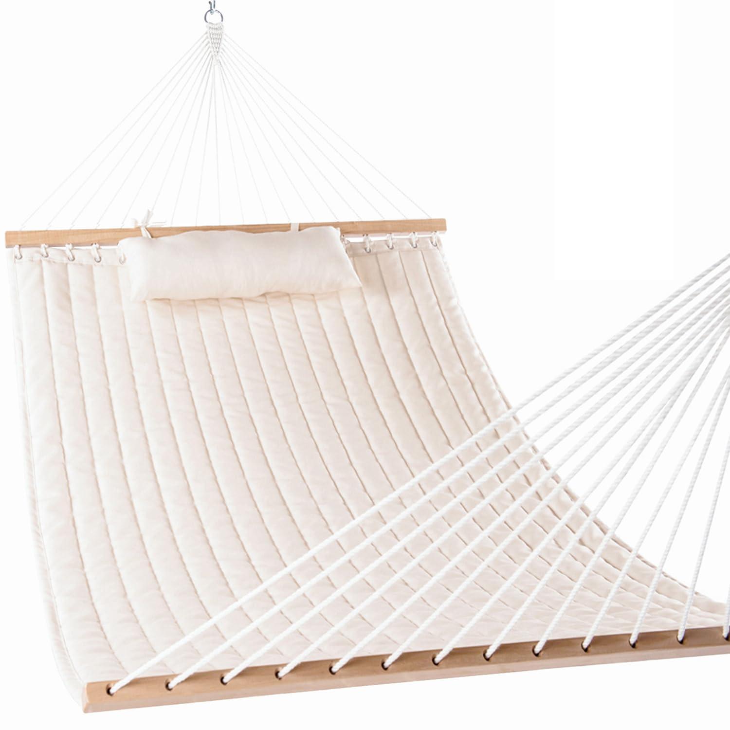 Lazy Daze Hammocks 12 FT Double Quilted Fabric Hammock with Spreader Bars and Detachable Pillow, 2 Person Hammock for Outdoor Patio Backyard Poolside, 450 LBS Weight Capacity, Natural