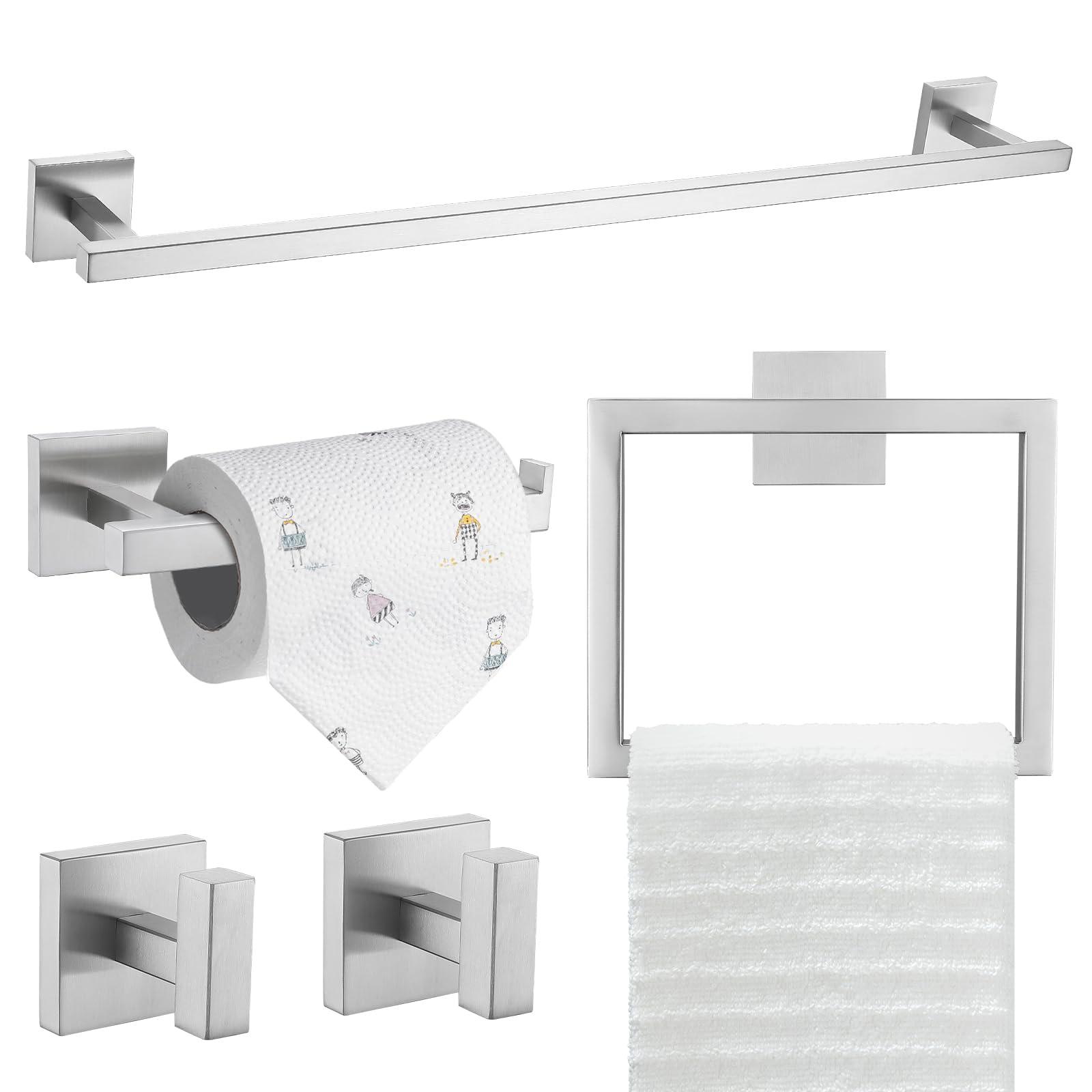 TQKAG 5-Piece Bathroom Hardware Set Brushed Nickel Classic Wall Mounted SUS304 Stainless Steel Bathroom Accessories Set 23.6" Towel Rack for Bathroom, Brushed Nickel