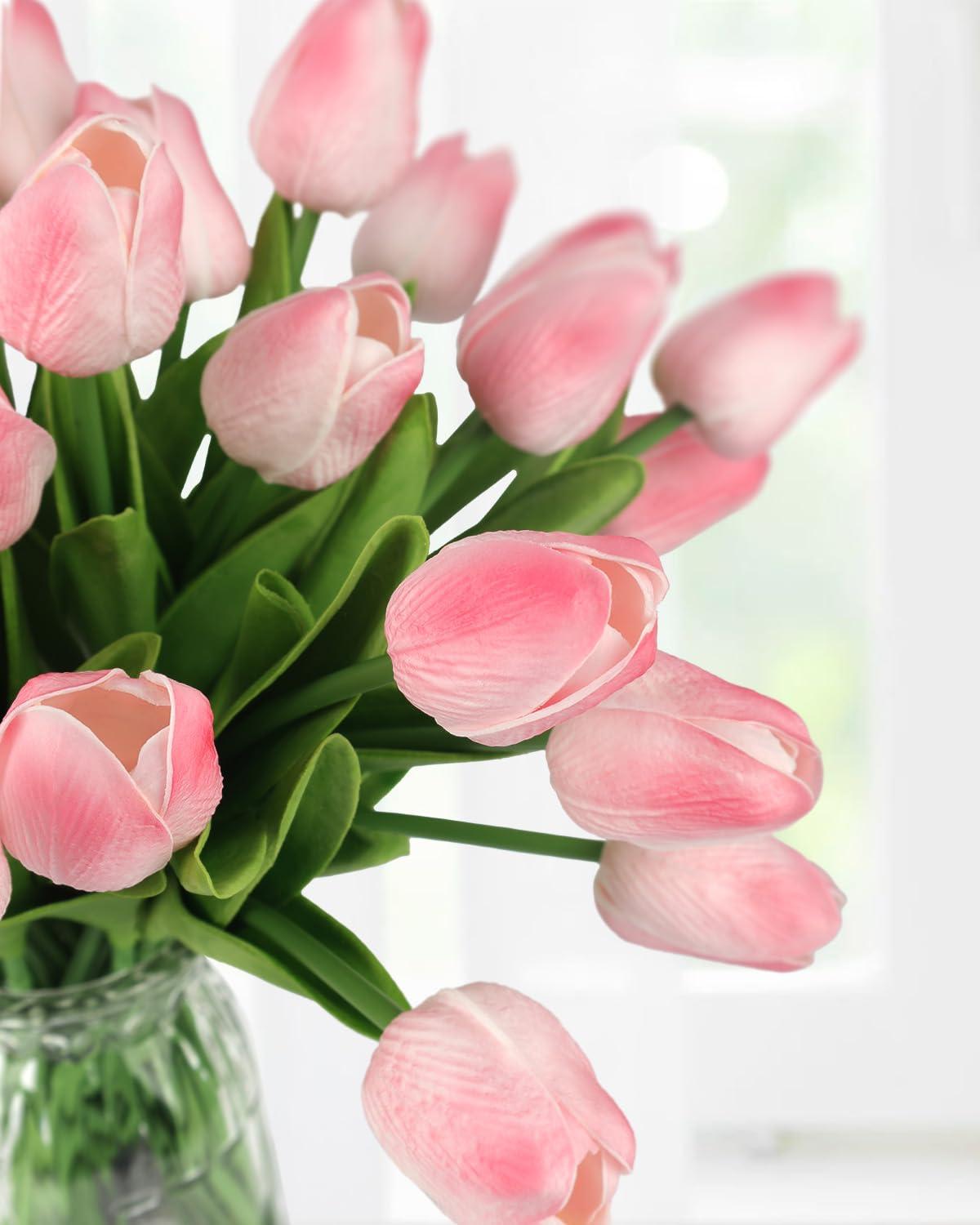 MACTING 30 PCS Artificial Tulip Flowers 13.7" Real Touch Fake PU Tulips Bouquet Faux Flowers for Floral Arrangements Table Centerpiece Kitchen Home Indoor Outdoor Summer Decorations(Peach Pink) - Image 4