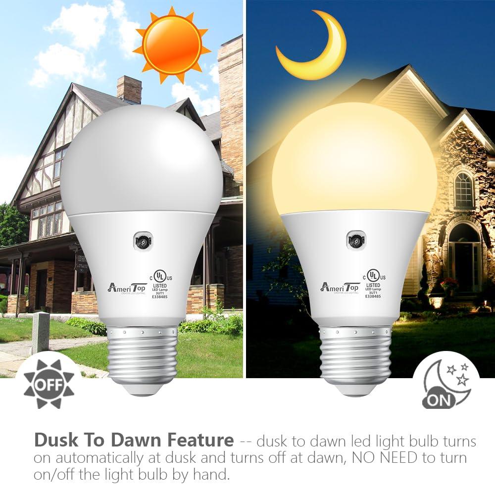 AmeriTop Dusk to Dawn Light Bulb- 2 Pack, A19 LED Sensor Light Bulbs; UL Listed, Automatic On/Off, 800 Lumen, 10W(60 Watt Equivalent), E26 Base, Indoor/Outdoor Lighting Bulb (3000K Warm White) - Image 4