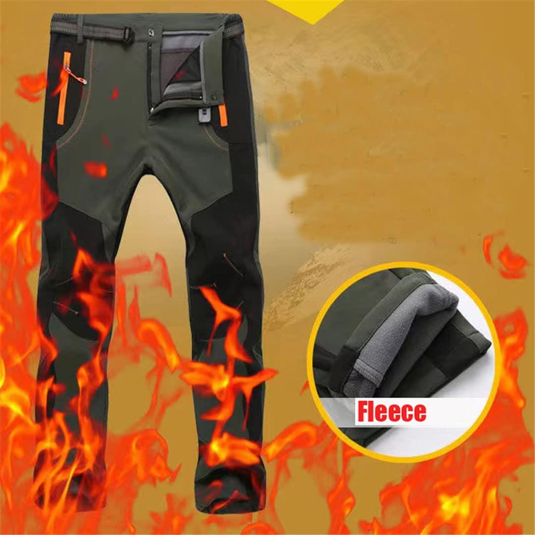 Pulcykp Men's Winter Outdoor Camping Hiking Fishing Climbing Fleece Soft Shell Pants Breathable Running Fitness Sports Pants Army GN L Asia Size - Image 4
