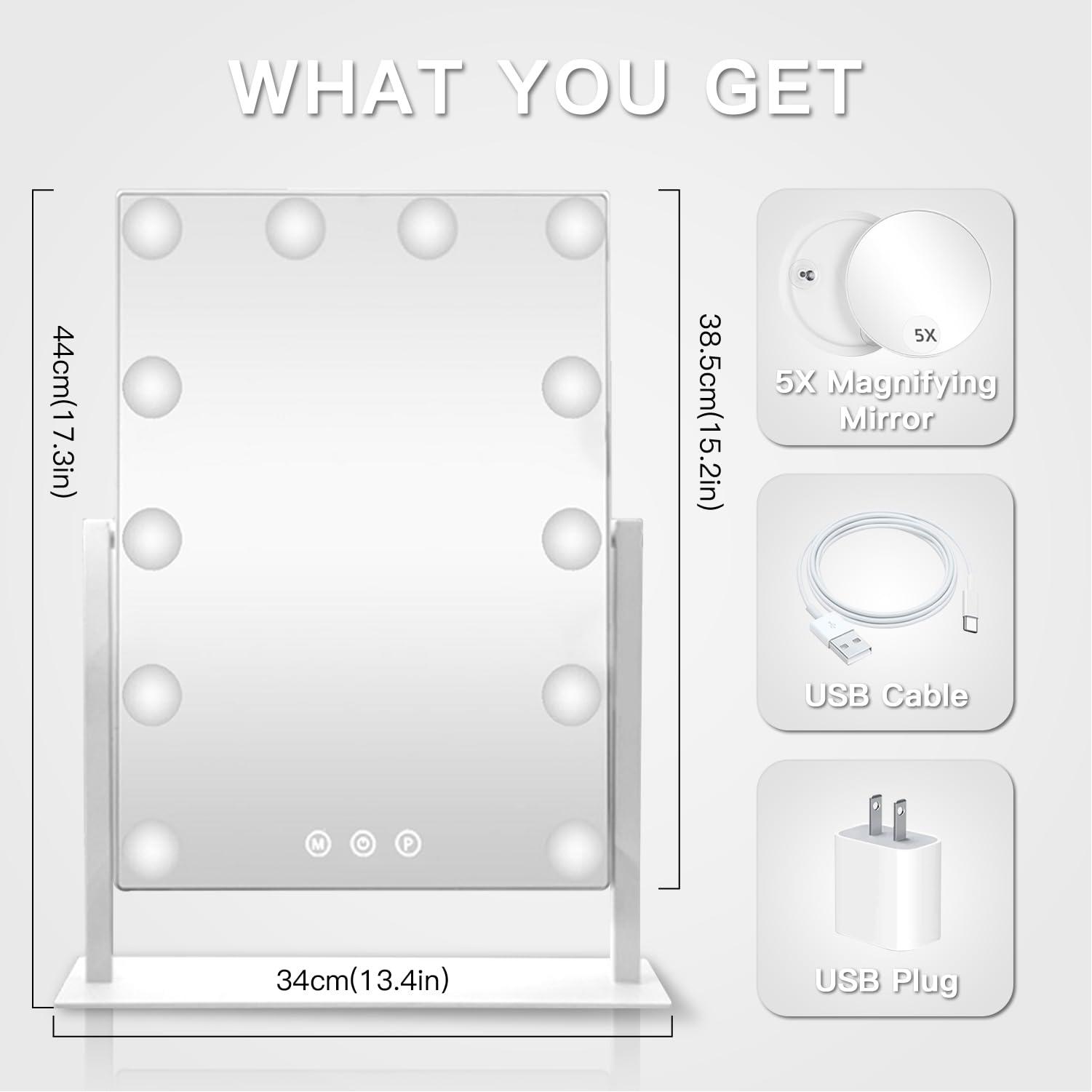 HIEEY Hollywood Vanity Mirror with 12 Dimmable Bulbs Lights, Three Color Lighting Modes, and 5X Magnification, Smart Touch Control, 360°Rotation (White,Gift Box) - Image 2
