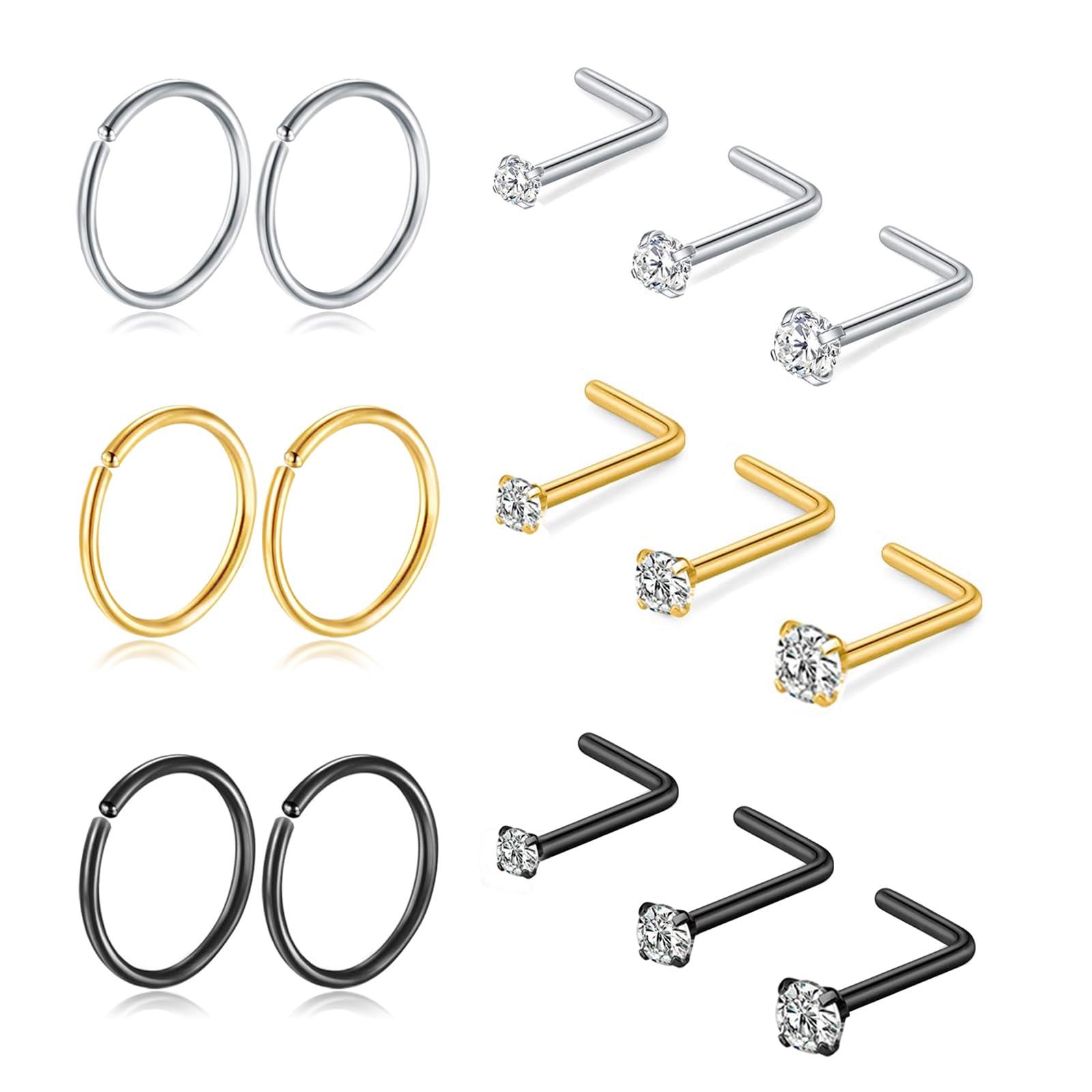Titanium Nose Rings Hoops Studs 20G 15PCS L Shaped Screw Bone 1.5mm 2mm 2.5mm Cubic Zirconia Small Silver Black Gold Hypoallergenic Piercing Jewelry for Women Men