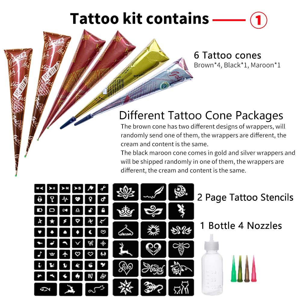 11 Sheets total 84 Tattoo Patterns, 6 Pcs 3 Color (Brown Black Maroon) Temporary Tattoo Kit, Tattoo Stencils Kit - Image 2