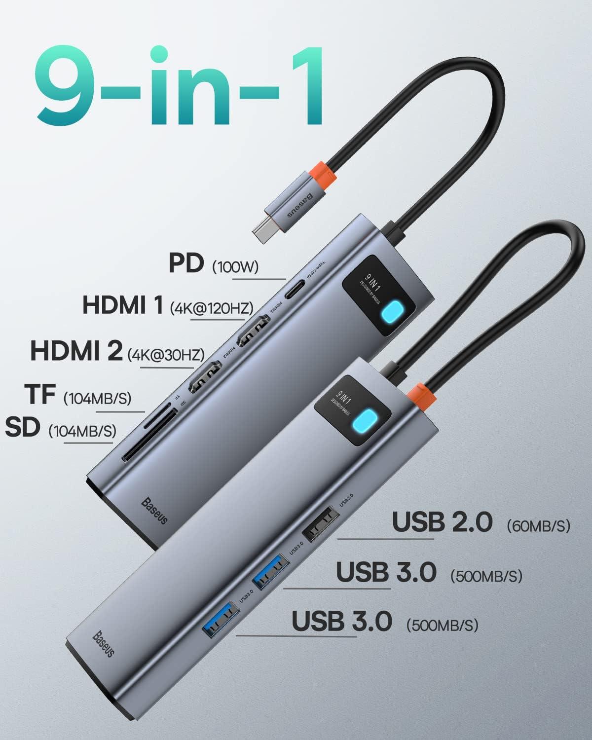 Baseus Laptop Docking Station Dual Monitor 4K@120Hz, 9 in 1 USB C Hub with 2 HDMI, 1000Mbps LAN, Max 85W PD, 3 USB, SD Card Reader, USB C Dock Compatible with iPhone 15/Mac/Dell/HP/Surface/Steam Deck - Image 2