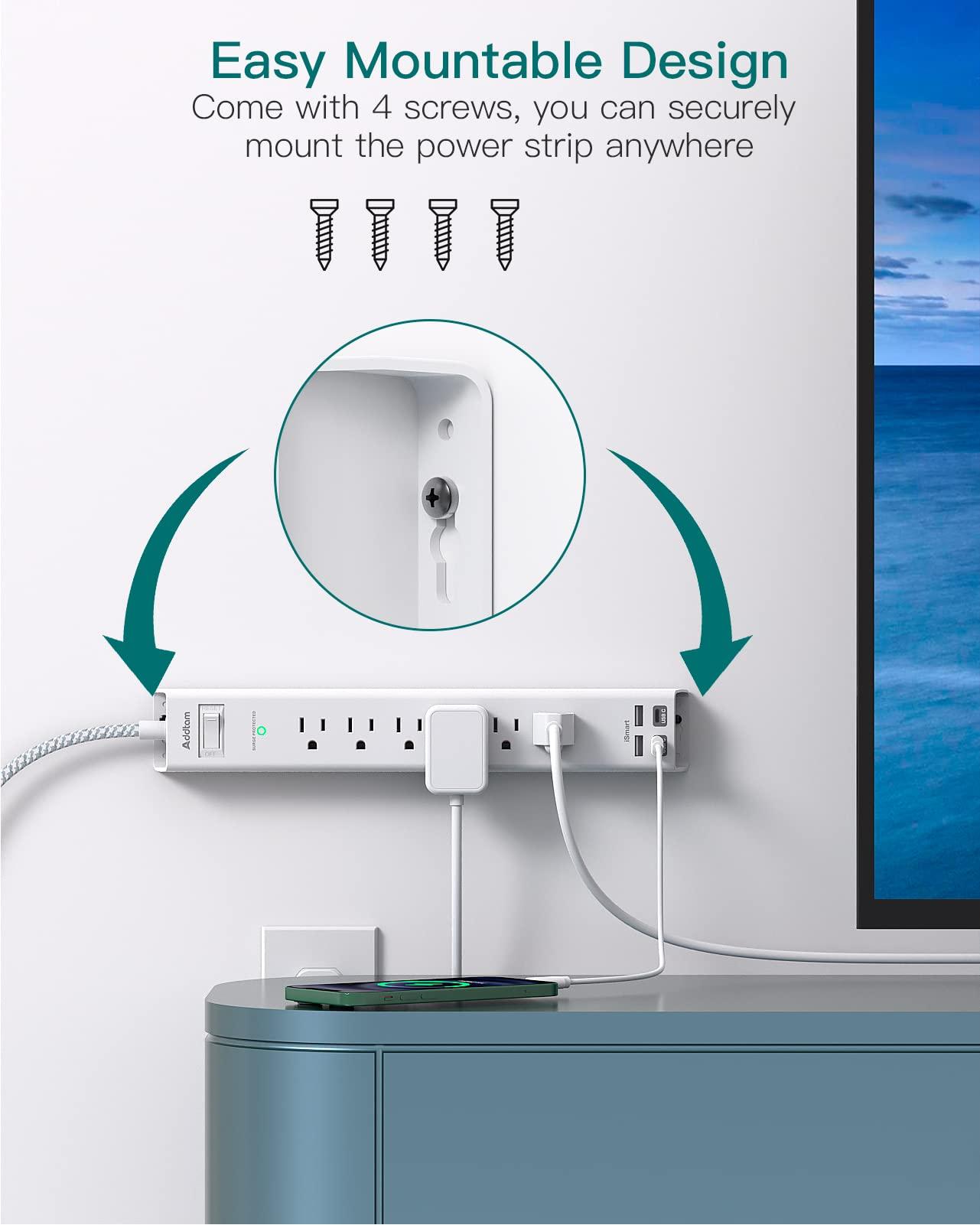 Extension Cord 10 ft - Long Power Strip Surge Protector, 6 AC Outlet 4 USB (2 USB C), Flat Plug, Wall Mount, Multi Plug Outlet Extender Desk Charging Station for Home Office Dorm Room Essentials - Image 7