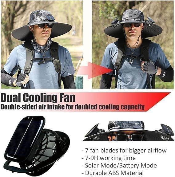 Solar Powered Fan Hat with 2 Removable Fans Wide Brim Sun Hat for Outdoor Fishing, Hiking Gardening, USB Solar Charging - Image 2
