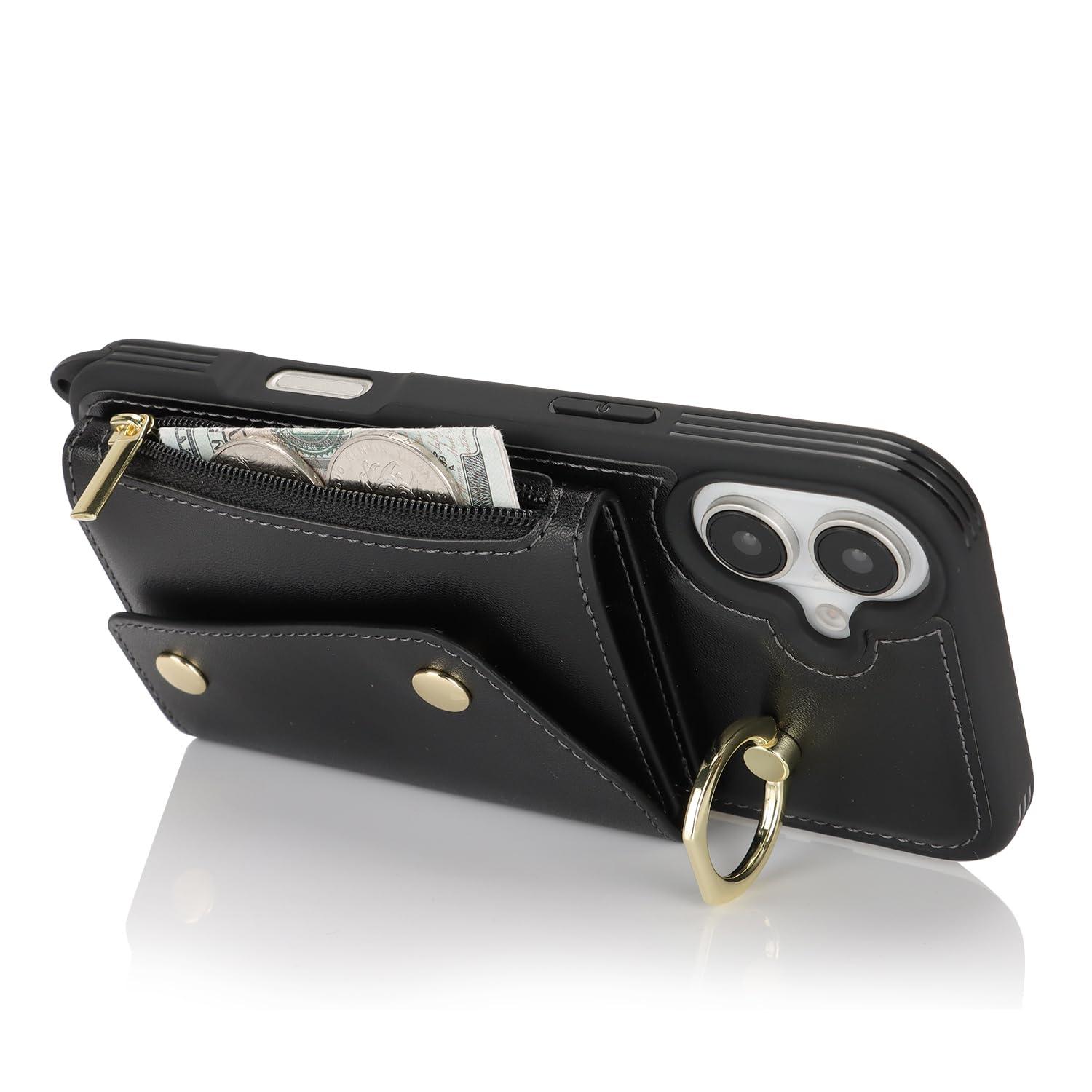 Lipvina for iPhone 16 Case with Card Holder and Strap - Zipper Pocket,Crossbody Lanyard Strap,Credit Card Holder,Stand Ring,Cute Phone Wallet Case for Women(Black,6.1 Inch) - Image 7