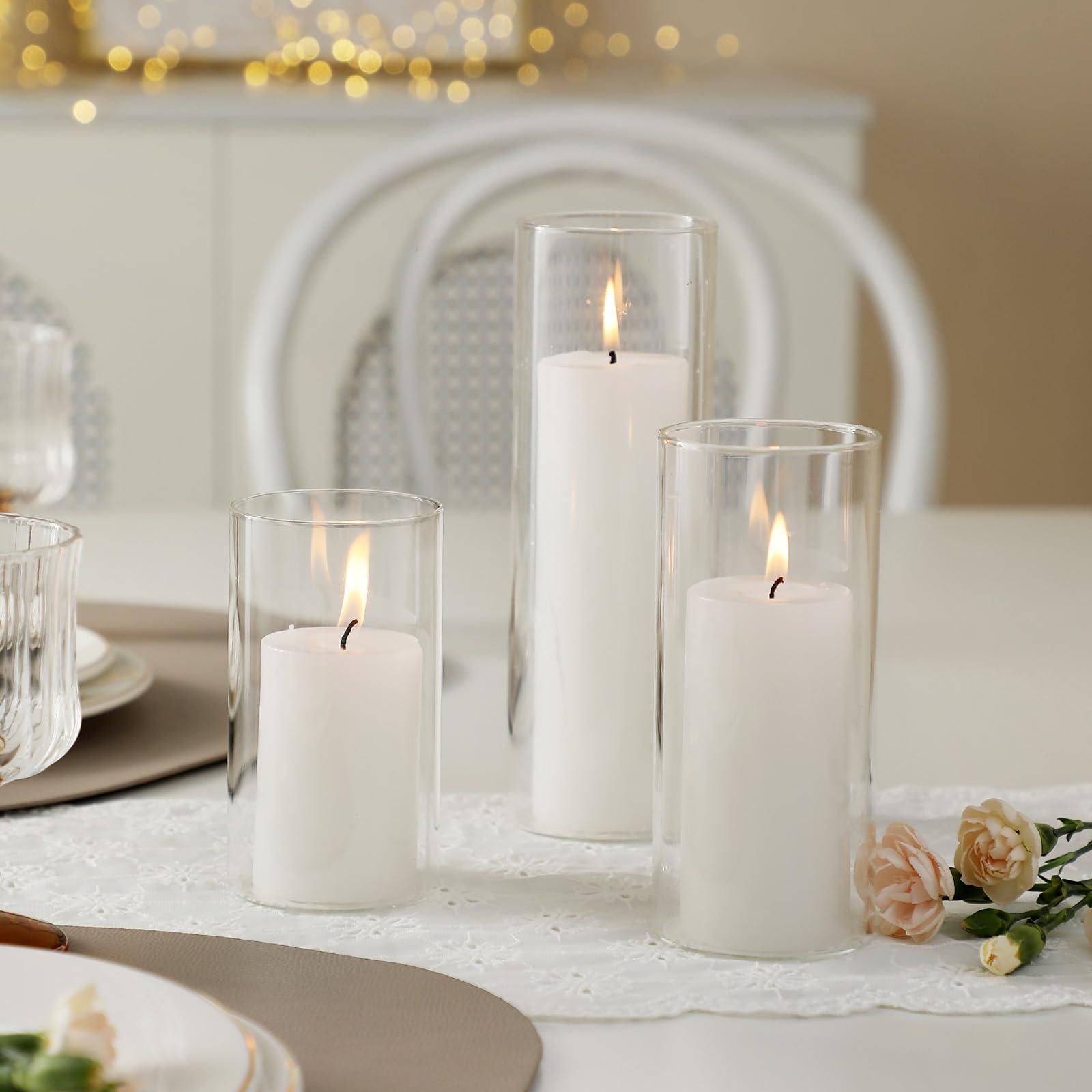 UDU Set of 12 White Pillar Candles and 12 Glass Cylinder Vases Hurricane Holders, Slim Pillar Candle Holder, Cylinder Vases for Centerpieces Wedding Table Party Home Decor(2.6" X 4.7", 5.9", 7.9") - Image 3