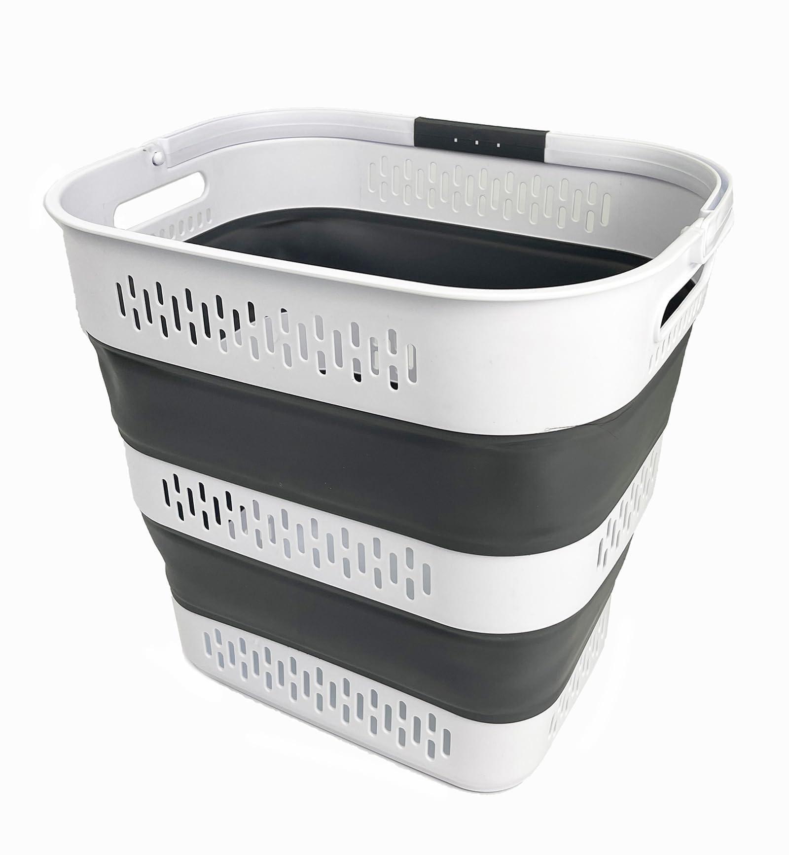SAMMART 40L (10.5 Gallon) Collapsible Plastic Laundry Basket with Handles - Foldable Pop Up Storage Container/Organizer - Portable Laundry Hamper - Space Saving (1, White/Steel Grey)