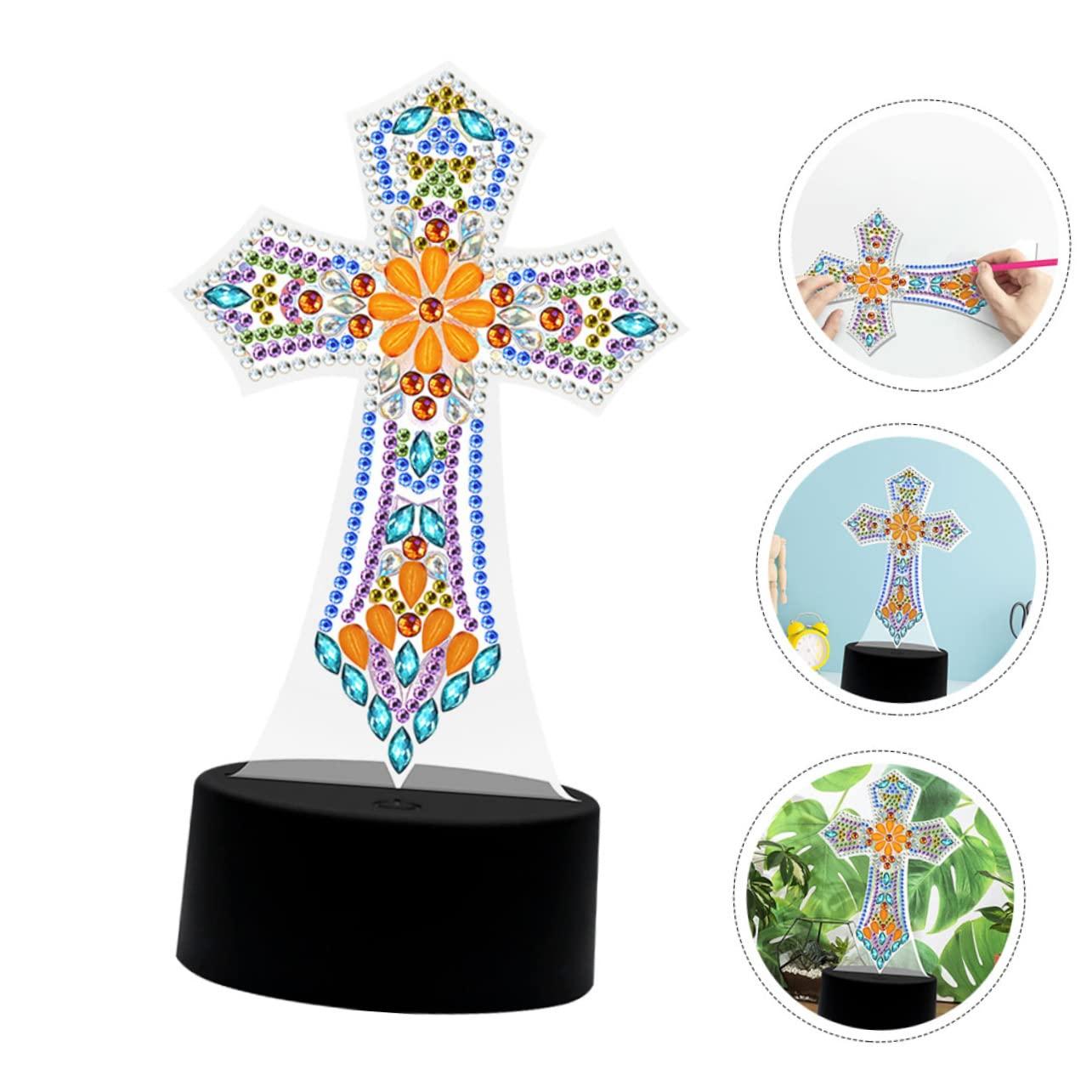 DOITOOL Cross Lamp Cross Light DIY Rhinestones Painting Crafts Religious Decorative Table Lamp Bedside Lamp Nursery Room Light Sleep Night Light Desk Shaped Drill Decorations - Image 4