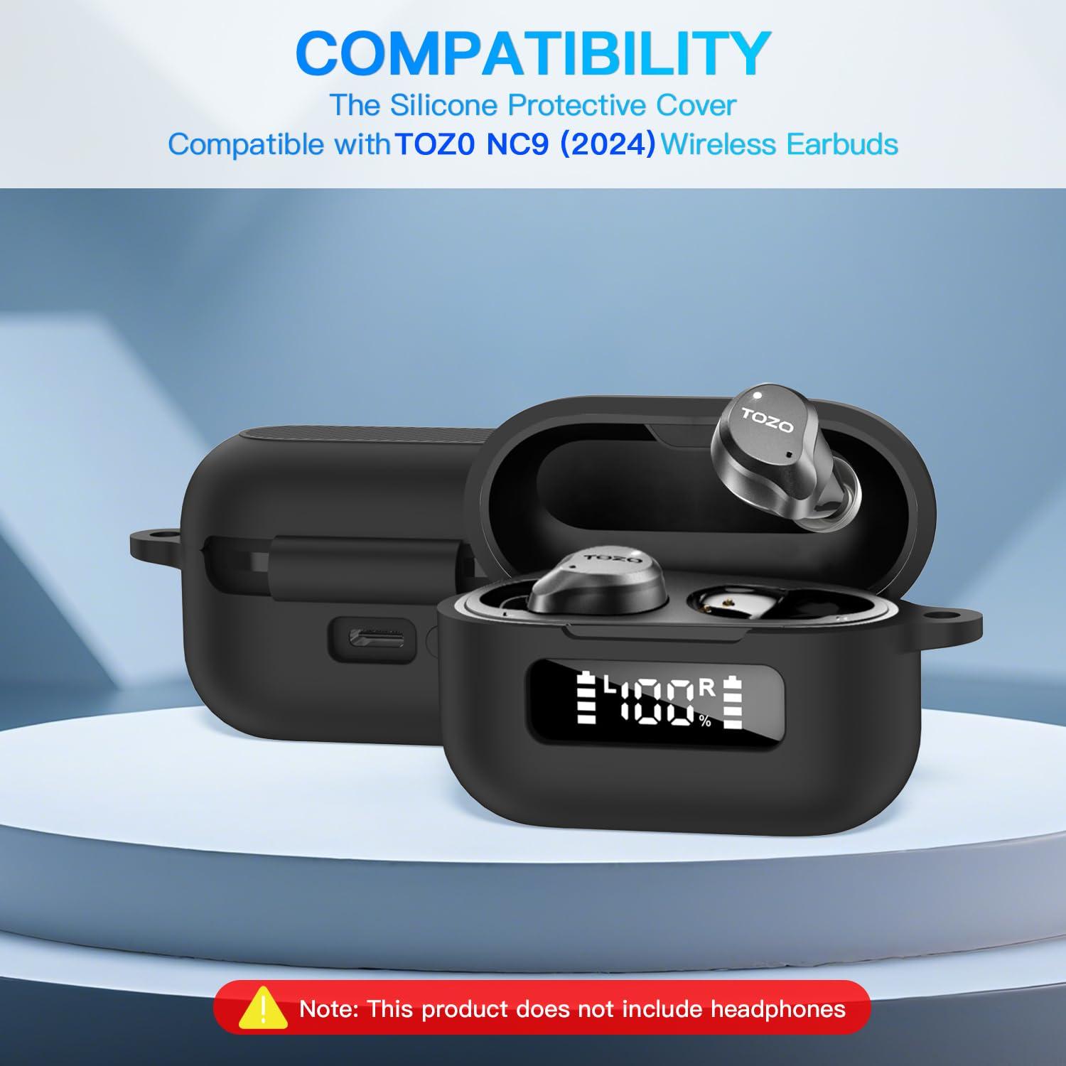 for TOZ0 NC9 (2024) Case Cover, Soft Silicone Shockproof Protective Case for TOZO Hybrid Active Noise Cancelling Wireless Earbuds with Keychain - Front Battery Display LED Visible Design (Black) - Image 2