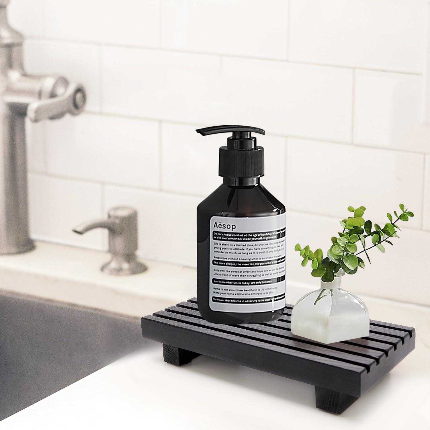 Small Black Bathroom Decor Tray for Counter Dish Soap Holder Wooden Pedestal Stand for Kitchen Sink Soap Dispenser Wood Risers Kitchen Accessories Countertop Vanity Counter Sponge Sink Tray - Image 7