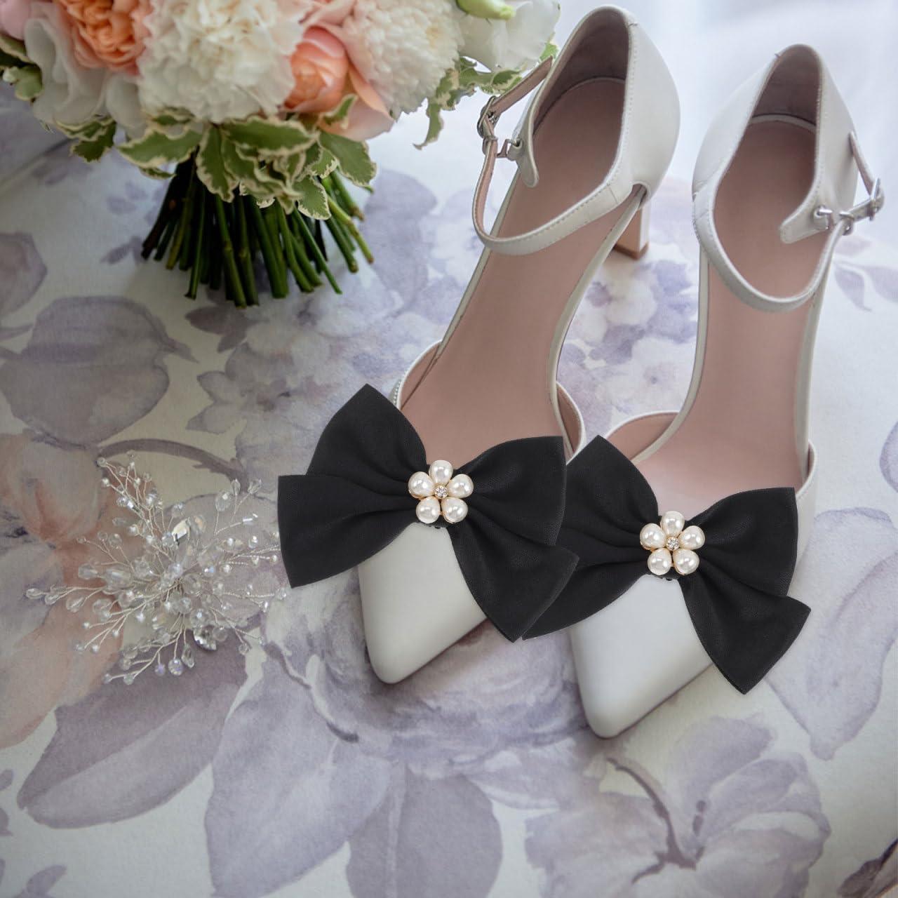 Holibanna Bow Shoe Clips 1 Pair Removable Buckle Elegant Pearl Charms Decoration DIY for Women Girls Bridal Wedding - Image 3