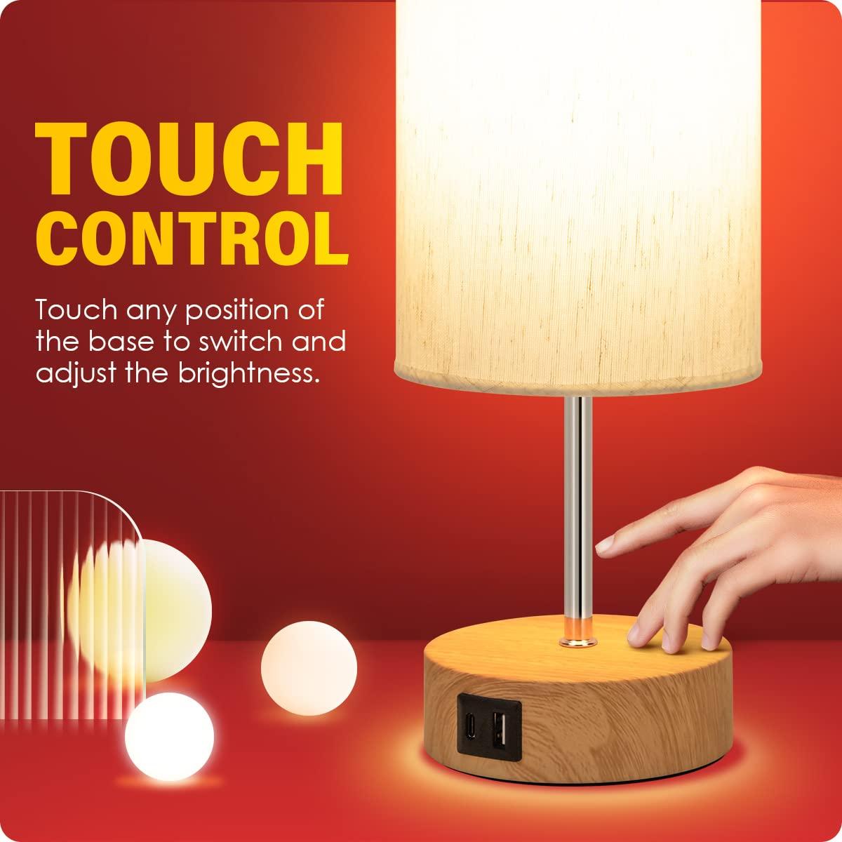 Yarra-Decor Bedside Lamp with USB A+C Charging Ports & AC Outlet Touch Control Table Lamp for Bedroom 3 Way Dimmable Nightstand Lamp with Fabric Shade for Home Office, Dorm(Bulb Included) - Image 5